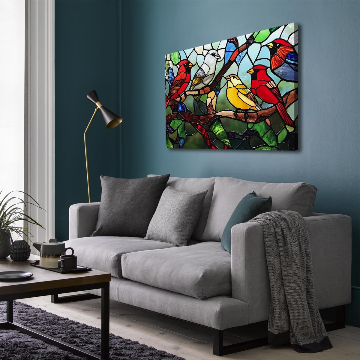 Witraż ptaki obraz na płótnie kardynał fink plakat druk 85 x 110 cm