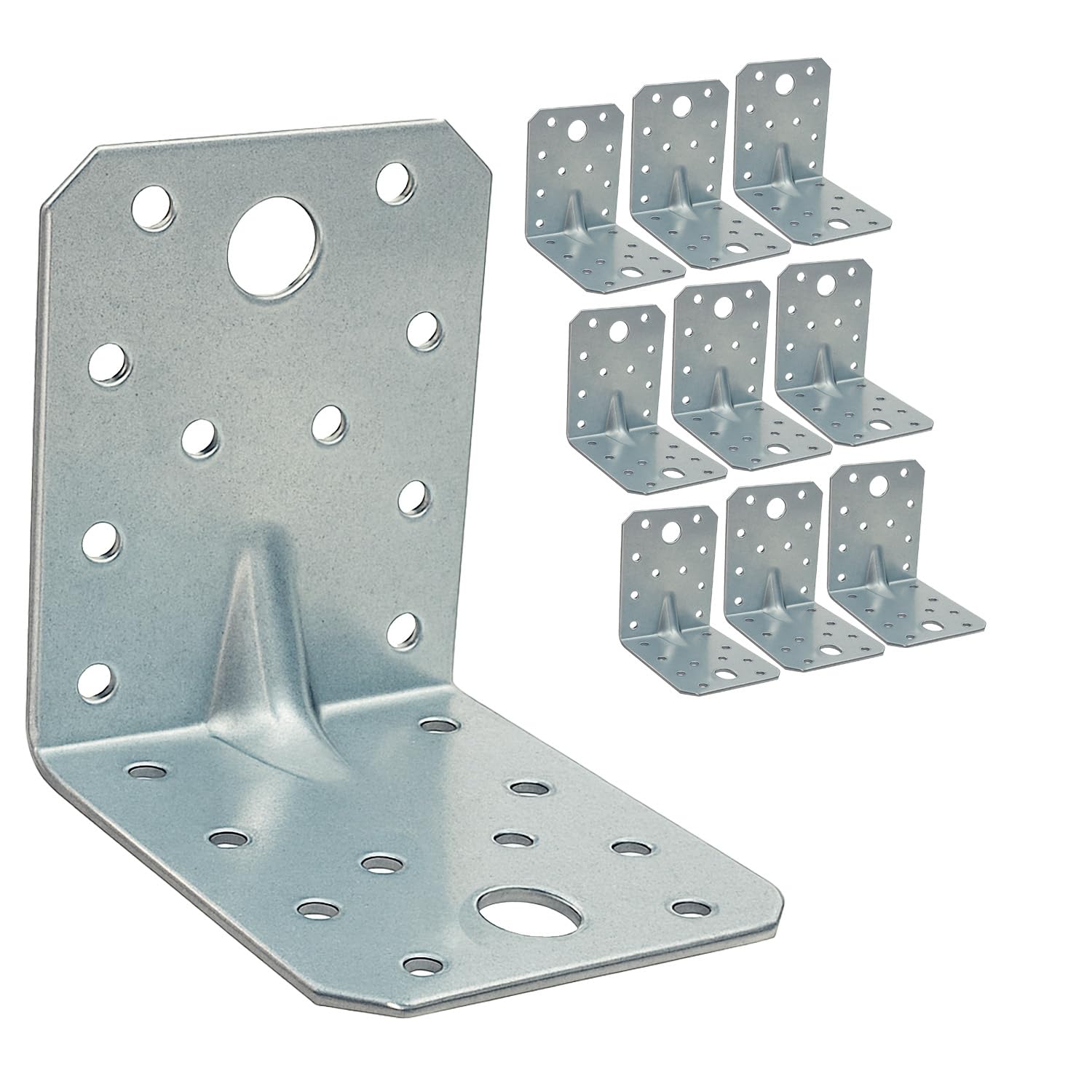 OMIDEAS 10 x Angle Brackets (70 x 70 x 55 x 1.5) Heavy Duty Corner Sleeper Bracket with Beading Timber Wood Metal Joining Fixing L Galvanised Steel Sheet Connector