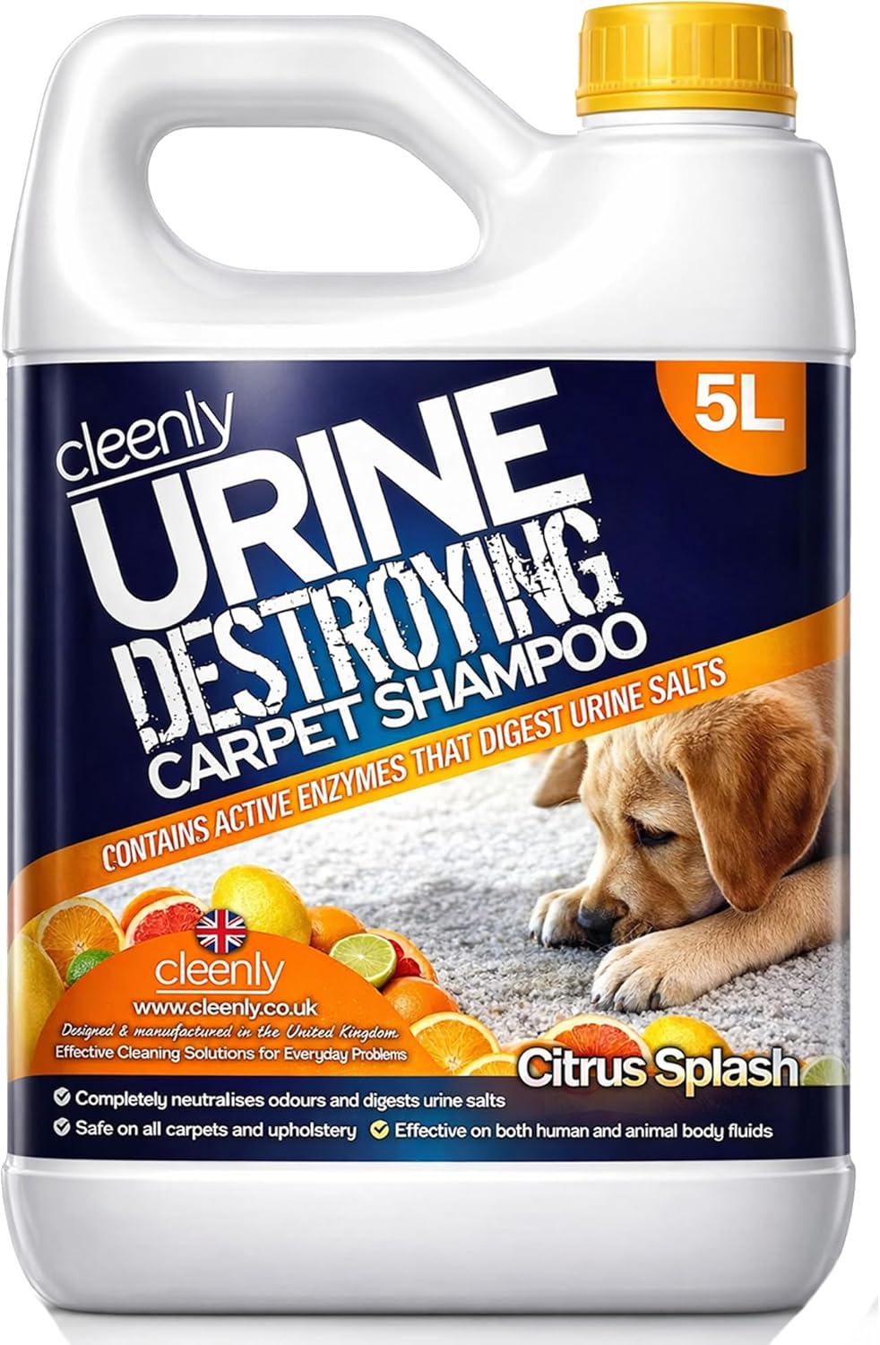 Cleenly Urine Destroying Enzyme Pet Carpet Shampoo Cleaning Detergent (5 Litres) – Digests Urine Salts – Gets Rid of Urine, Vomit, and Faeces Stains