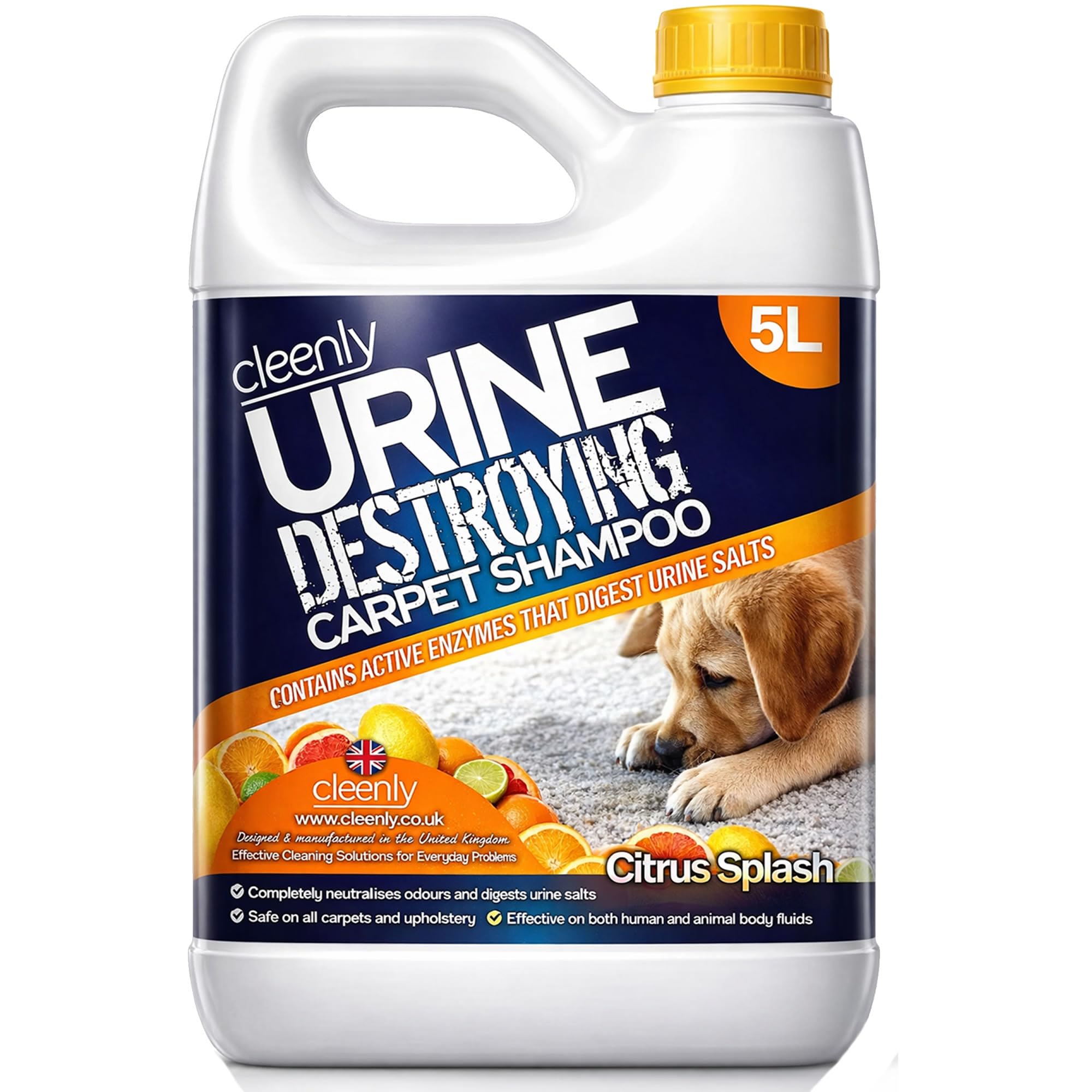Cleenly Urine Destroying Enzyme Pet Carpet Shampoo Cleaning Detergent (5 Litres) - Digests Urine Salts - Gets Rid of Urine, Vomit, and Faeces Stains
