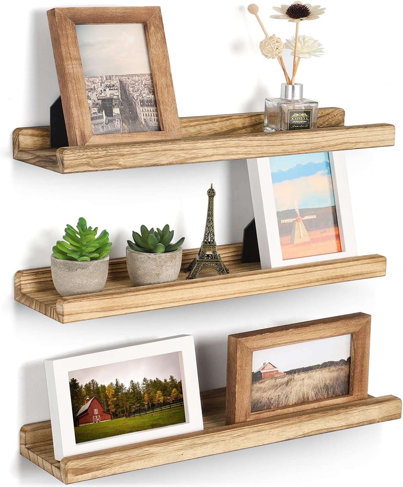Emfogo Wall Shelves with Ledge 16.9 inch Wood Picture Shelf Rustic Floating Shelves Set of 3 for Storage and Display Rustic Brown