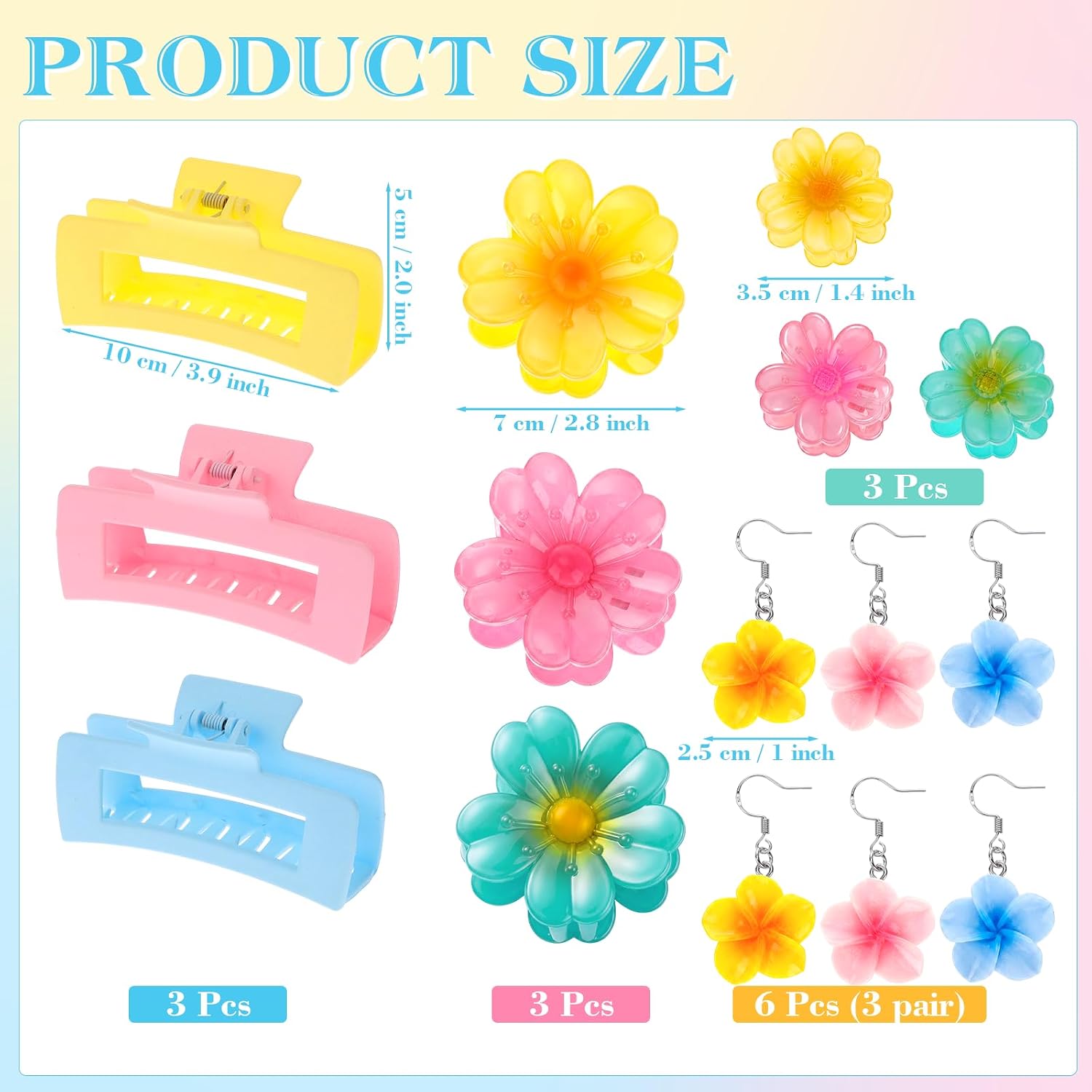 Hoteam 15 Pack Hawaiian Flower Hair Clips Gift Set for Women, Large 3.9" Square Summer Claw Clips for Thick Thin Hair, Plumeria Earrings Included, Non Slip Tropical Beach Accessories Gifts, 3 Styles