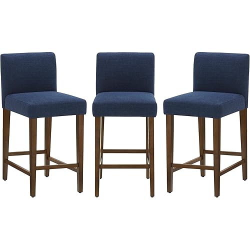 CHITA Counter Height Bar Stools Set of 3, 27" H Seat Height Upholstered Barstools, Fabric in Midnight Blue