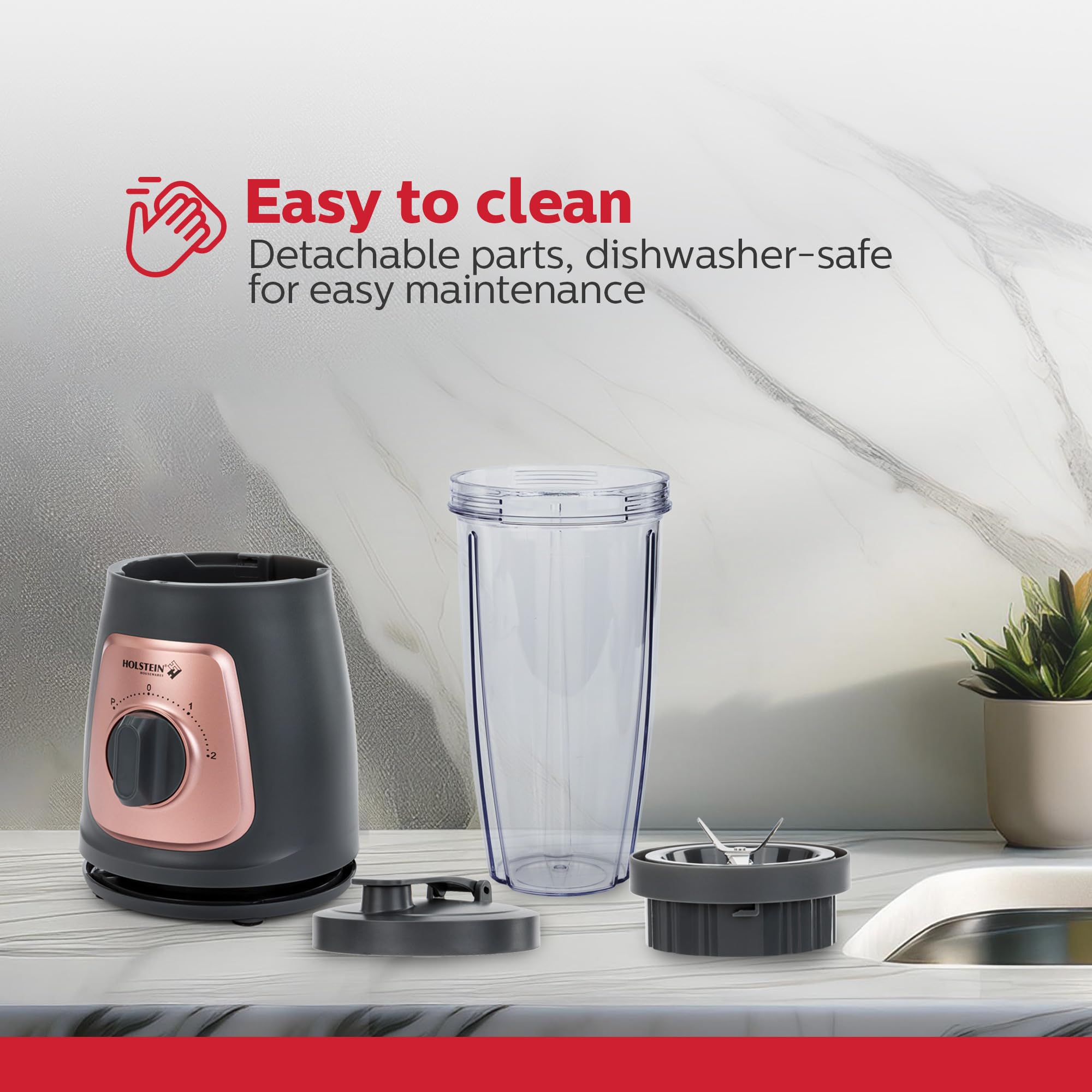 Holstein Housewares Personal Blender – 25 oz Travel Jar, Two-Speed Knob with Pulse Function, Stainless Steel Blades, Compact & Portable, Cool Grey/Rose Gold