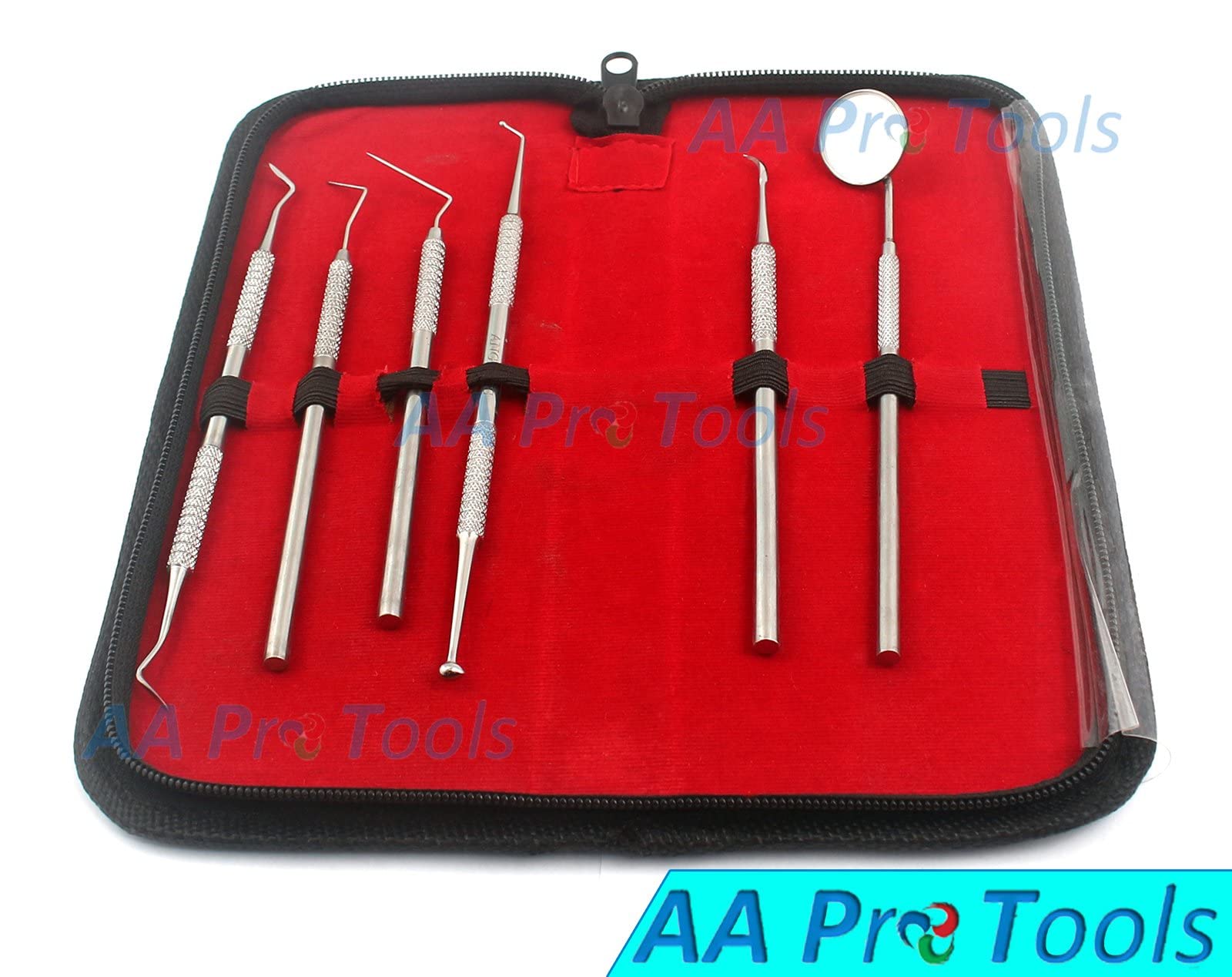 Professional Dental Hygiene KIT by AA PRO | 6 Peice Stainless Steel Instruments Including TARTER Scraper Scaler Remover Tool, Dental Pick, Probe, Teeth Mirror, Burnisher, PET Friendly A+ Quality