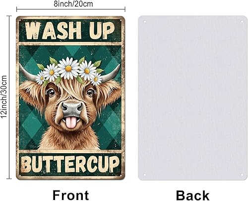 Miniatura 2 de GLOBLELAND Cartel de metal de 12 x 8 pulgadas con diseño de ganado de las tierras altas, diseño vintage "Wash Up Buttercup" de margaritas, letreros