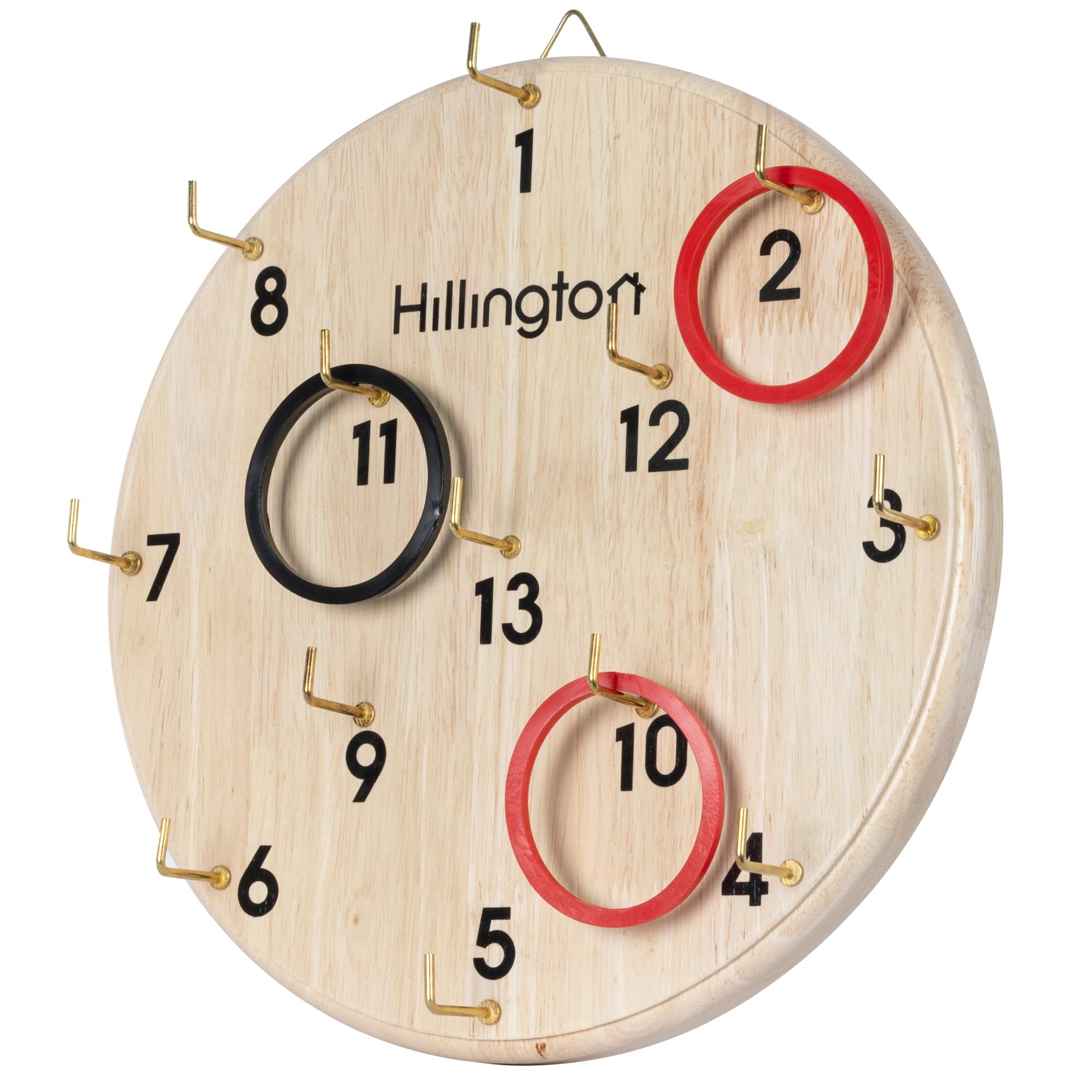Hillington Hook Ring Toss Game - Safe Alternative To Darts - Hang the Wooden Board and Play - 30cm Wooden Board and Hanger, 6 Red Rings, 6 Black Rings, 13 Brass Hooks