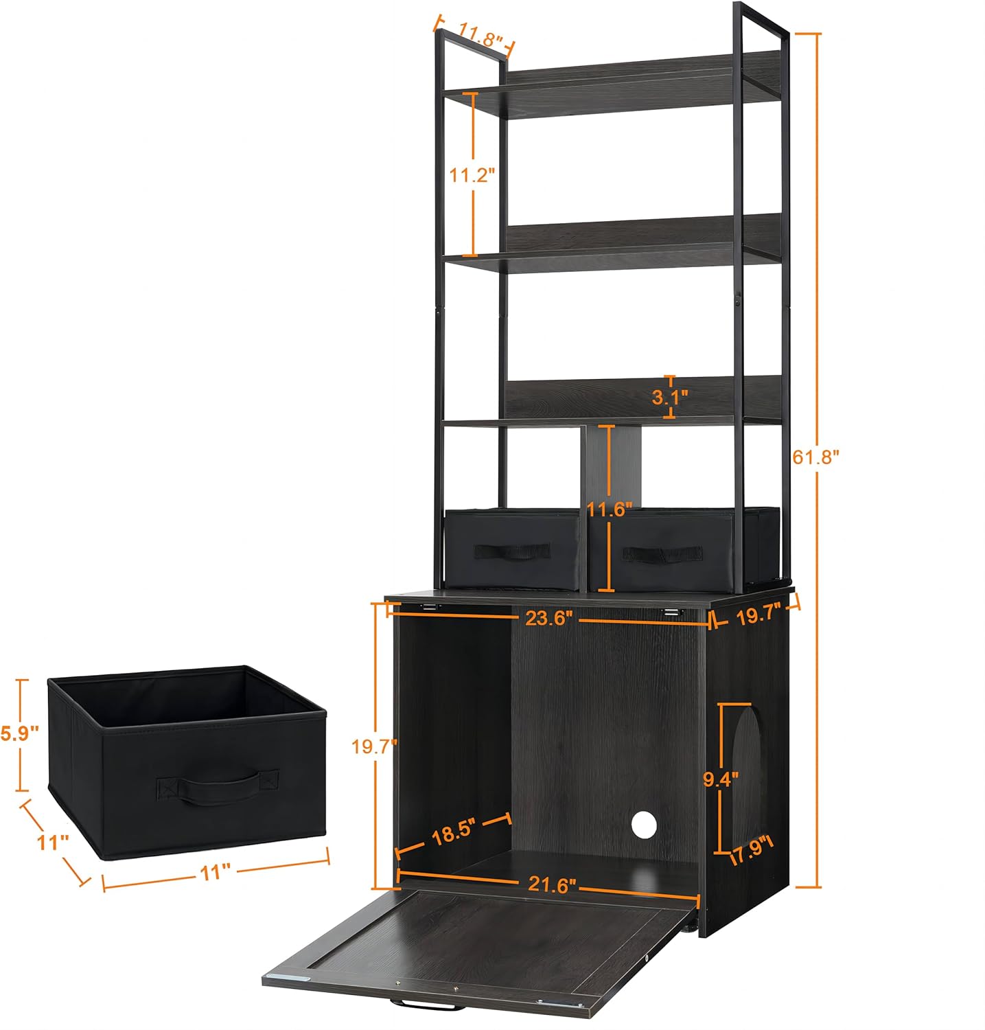 Dwanton Litter Box Enclosure with 3 Storage Shelves and 2 Drawers, 2-in-1 Hidden Cat Litter Box Enclosure Furniture with Shelf, Reversible Entrance, Washable Drawers, 61.8-Inch, Dark Grey