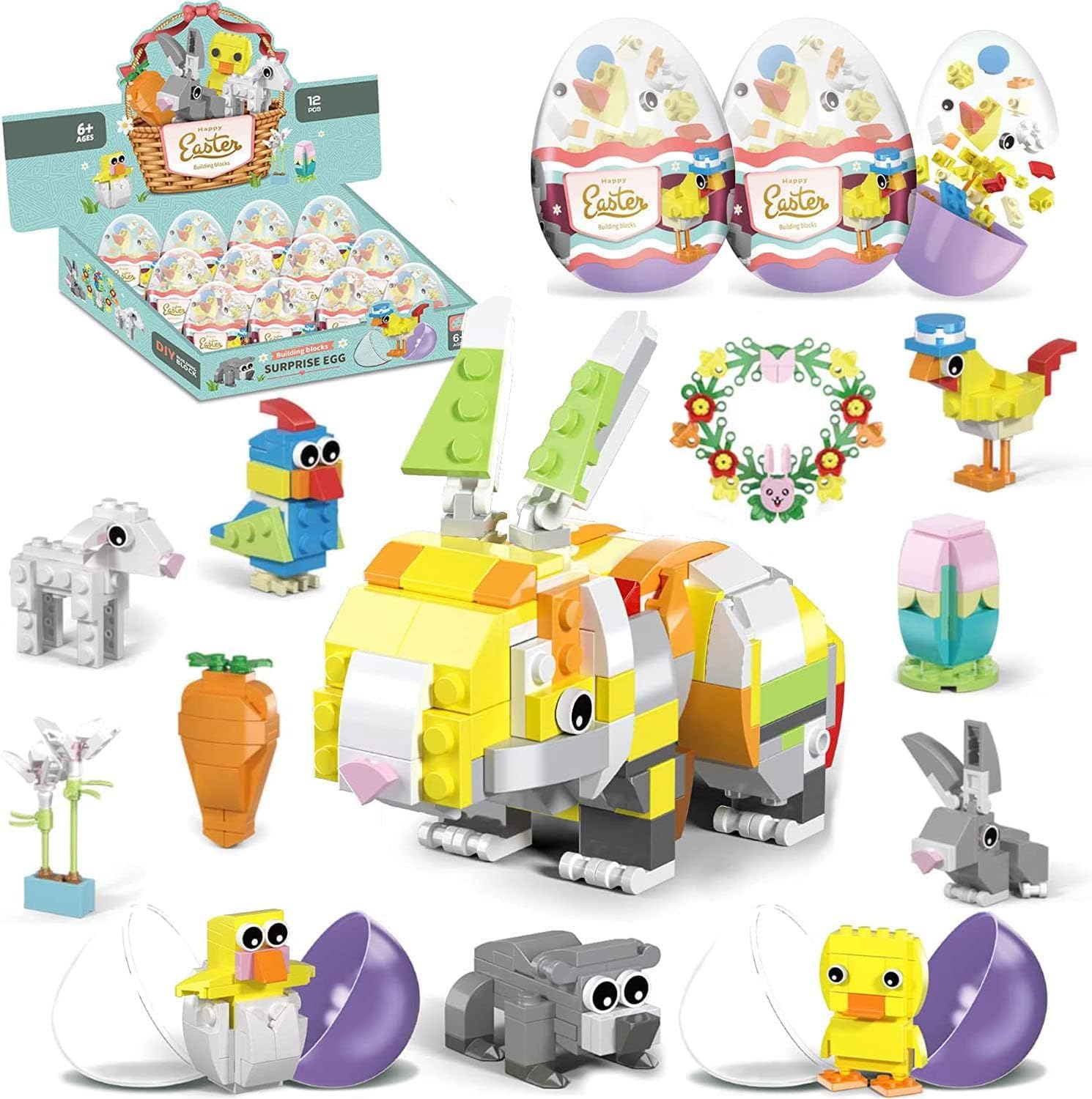 IKUKUER 12Pcs Easter Eggs Prefilled with Bunny Building Blocks,12 In 1