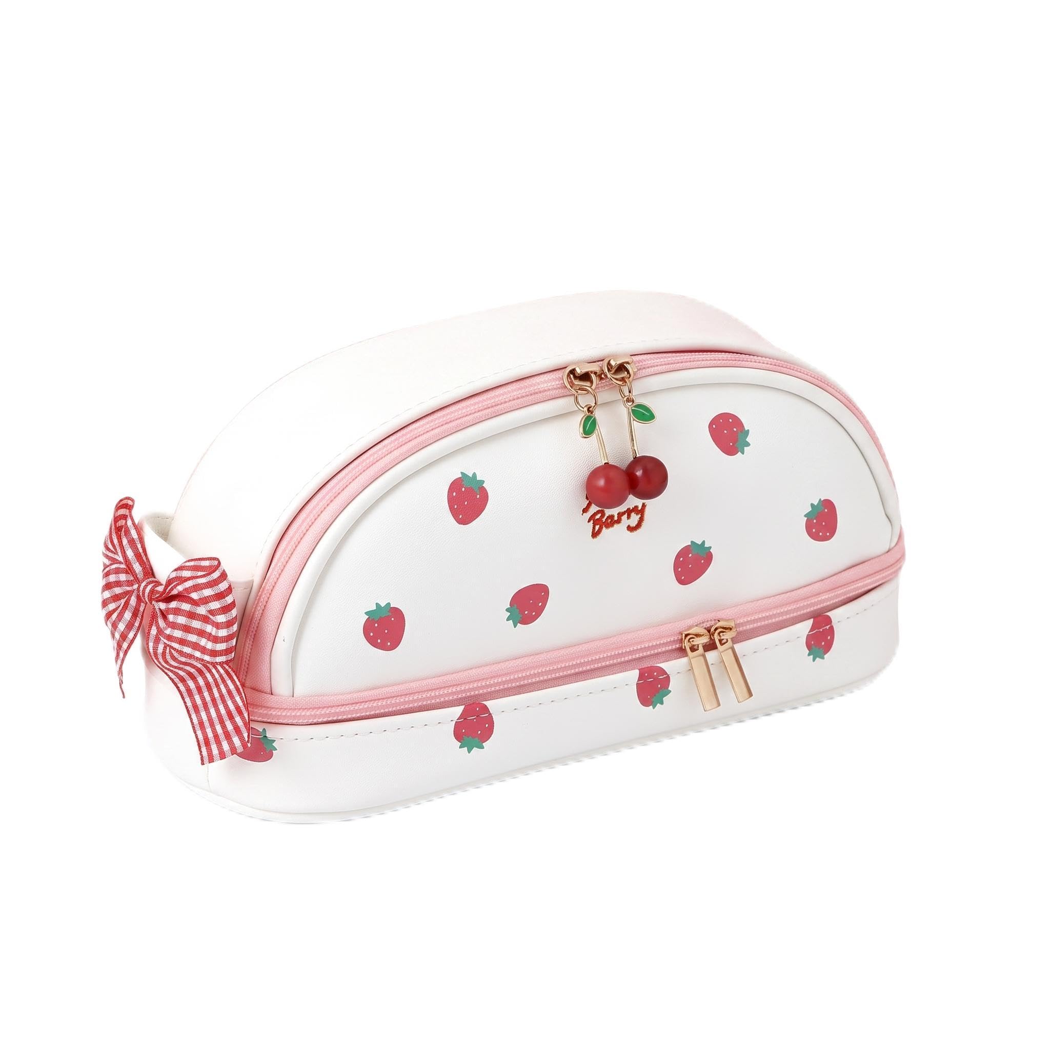 Strawberry Printed Pencil Pouch for Girls | Canvas Zipper | Cute Fruit Design Stationery Organizer | Portable Pen & Pencil Storage Pouch | Multipurpose Makeup & Travel Pouch | Pink-image-31