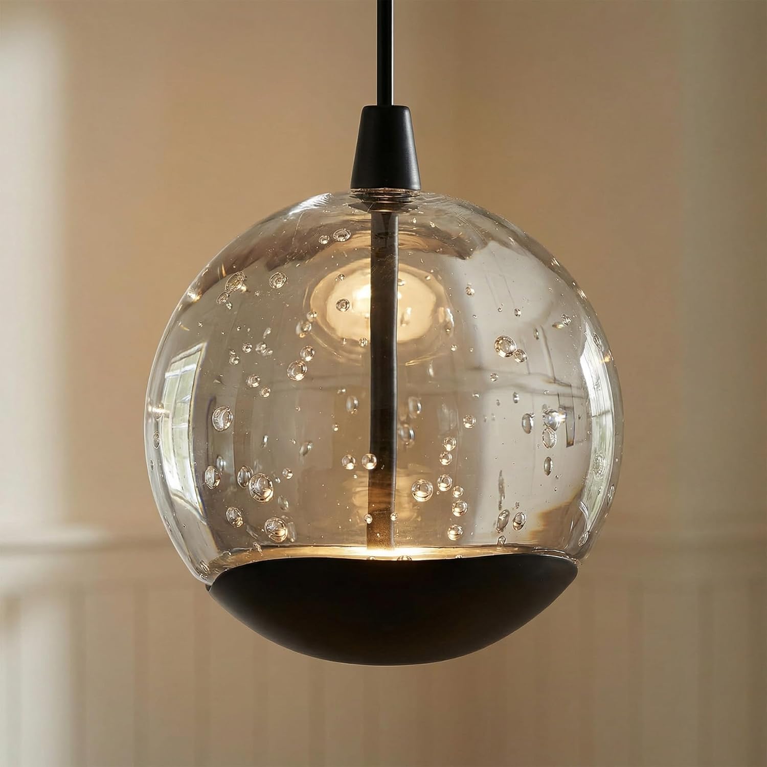 Modern Black Single Pendant Light with Bubble Glass, Small Globe Pendant Light 70.86" Drop, Kitchen Pendant Lighting Over Island, Bar, Entryway, Warm White 3000K, 519 lm, Ø 4.73"