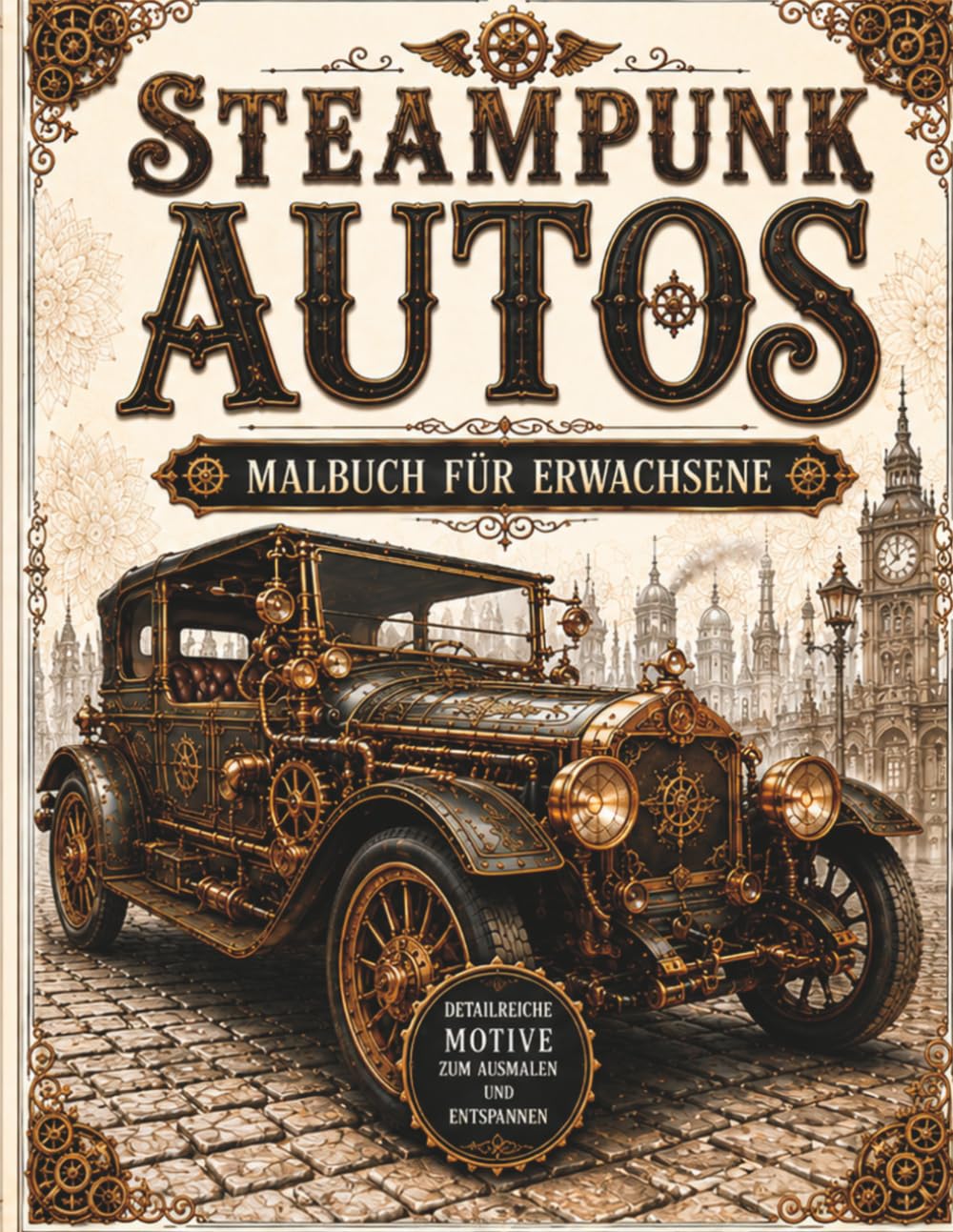 Steampunk Autos – Malbuch für Erwachsene: 60 detailreiche Oldtimer im Steampunk-Stil – faszinierende Ausmalmotive voller Zahnräder, Retro-Charme und kreativer Entspannung (Steampunk Malbücher)