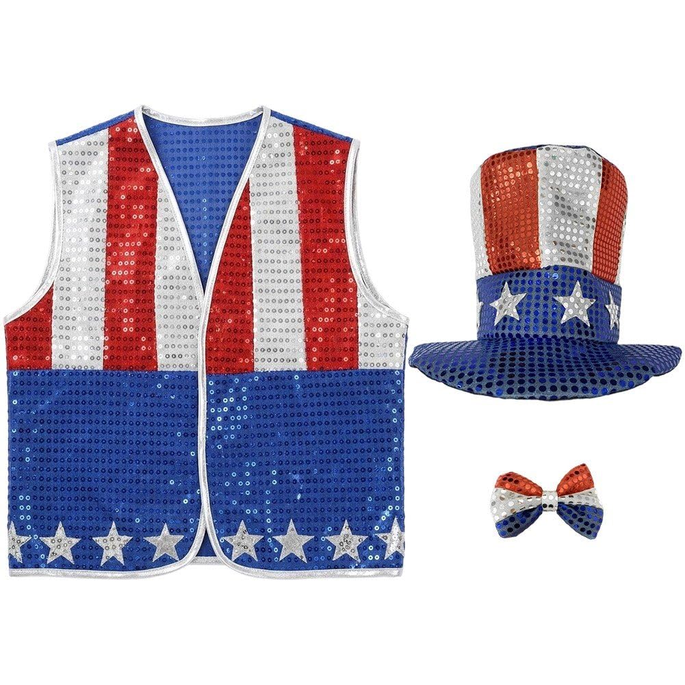 hzzsbu 4th of July Costume Set, American Flag Patriotic Hat Vest Bow Ties for Independence Day Patriotic Costume Accessories