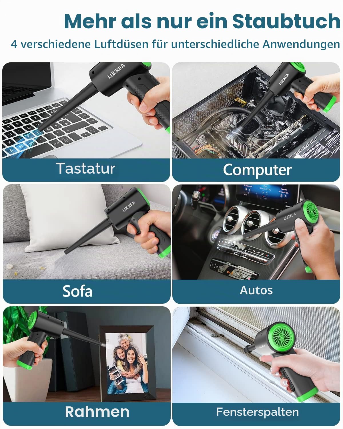 Elektrische Staubgebläse Druckluftspray für PC Reinigungsset - LUCKEA 3-Gang Air Duster Luftdruckspray mit LED-Licht, Tastatur Reinigung Druckluft Luftspray für Laptop, Sofa, Auto, Bürogeräte