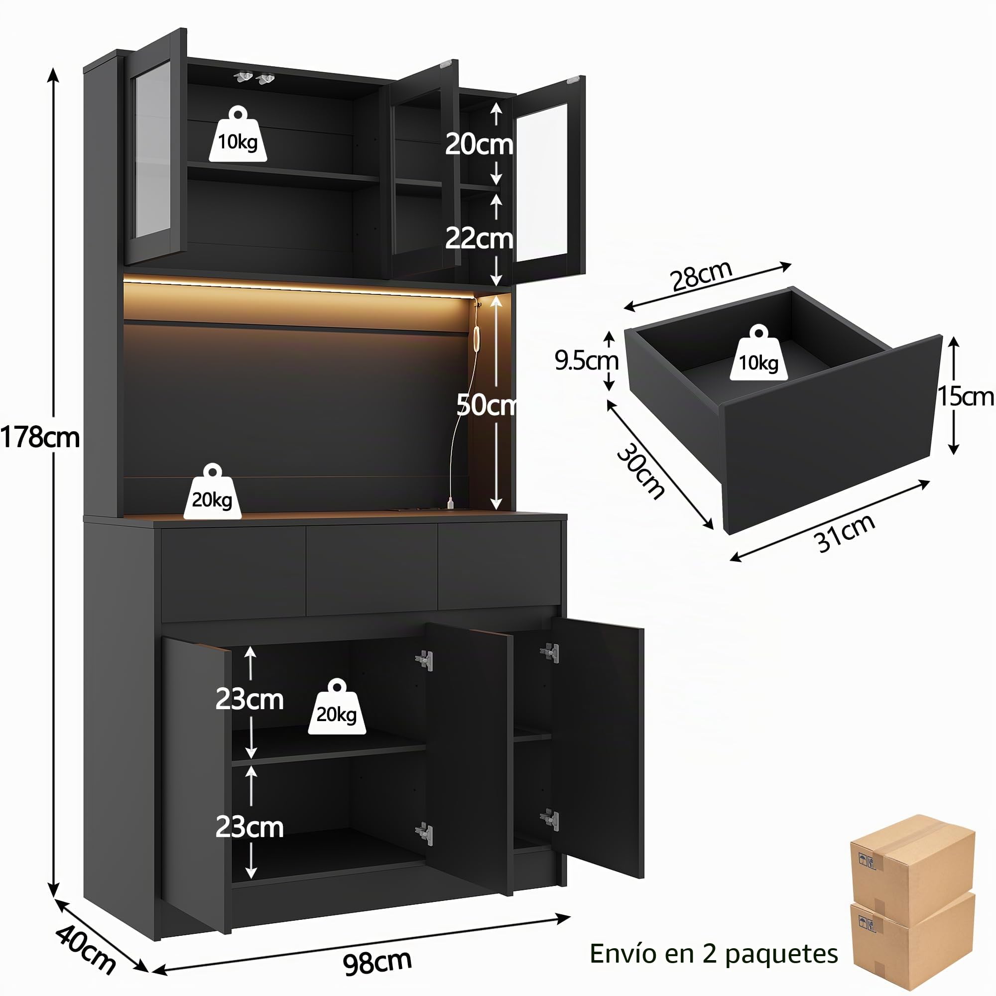 Alacena de Cocina, Armario Despensa Cocina con regleta y Tira de Luces LED, Aparador Comedor con Estantes Regulables (Negro)
