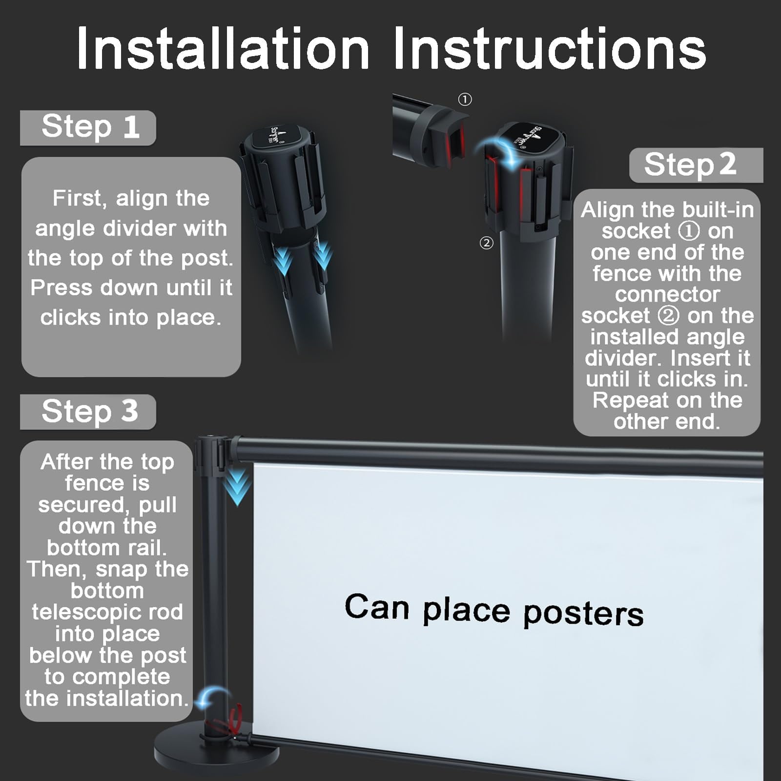 Postes de señalización retráctiles para carteles de advertencia, barreras de control de multitudes con publicidad, capacidad para carteles de 120 × 75 cm, diseño enrollable, barreras con vallas