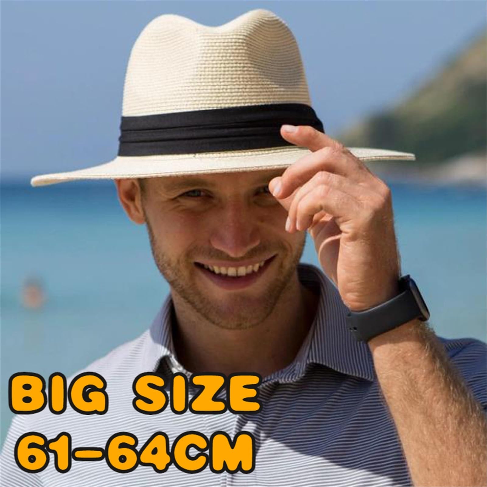 Hüte Herren 64 cm Sonnenhüte for Männer und Frauen, breite Krempe, Strand-Strohhut, großer Kopf, Übergröße(Khaki,XL 61-64cm)