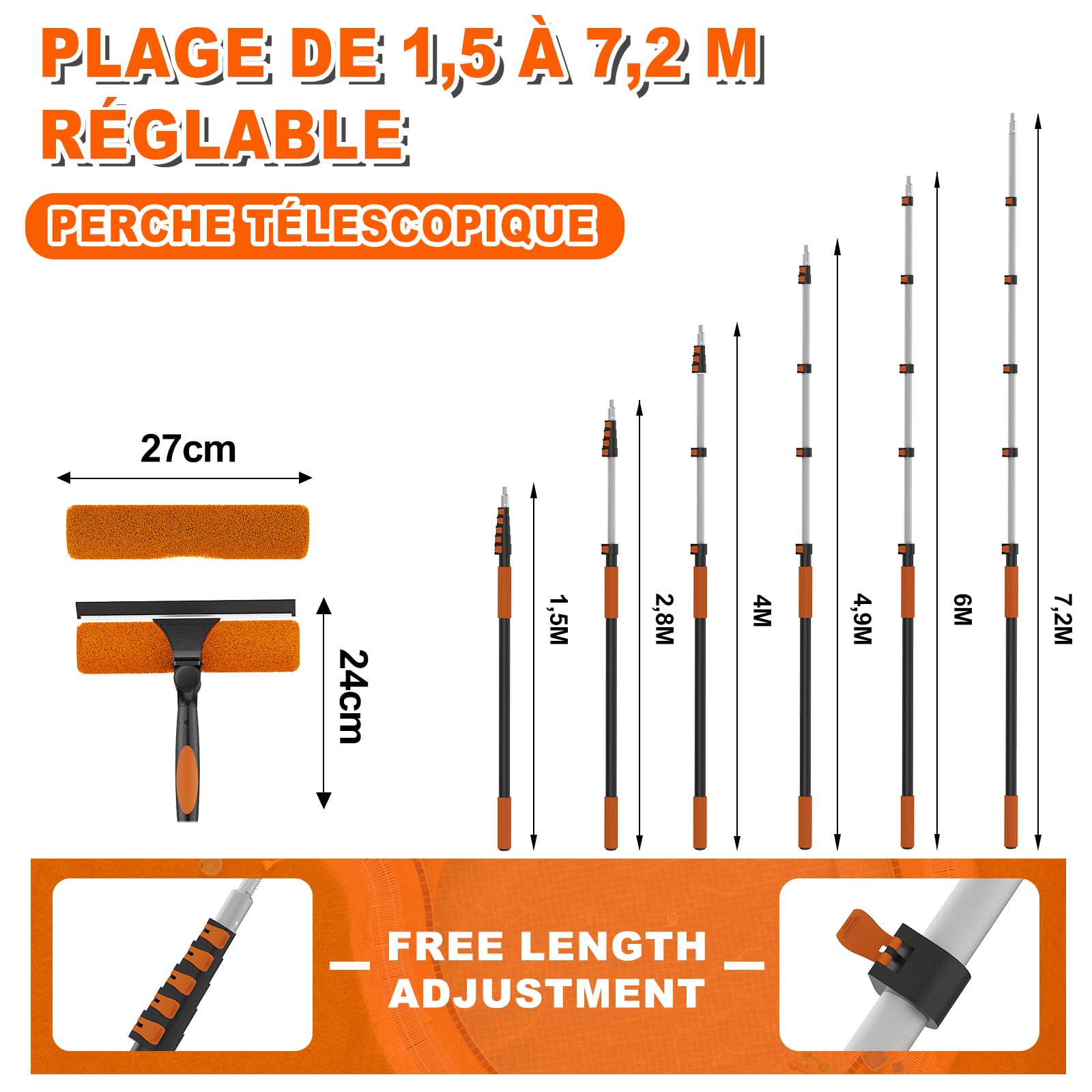 SISUPASSIE Raclette Vitre Télescopique 7,2m, 2-en-1 Kit Nettoyage Vitre avec Manche Télescopique, Raclette Vitre Professionnel pour Fenêtres en Hauteur, Nettoyage Domestique