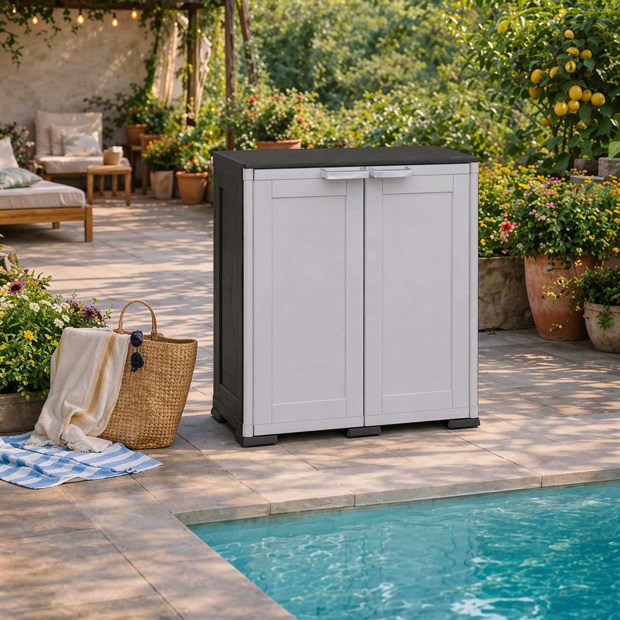 Armadio Basso in Plastica da Esterno 79x43x85,5 cm, con 2 Ripiani – Mobile Contenitore Compatto Salvaspazio per Balcone, Terrazza e Organizzazione Casa (Grigio/Nero)