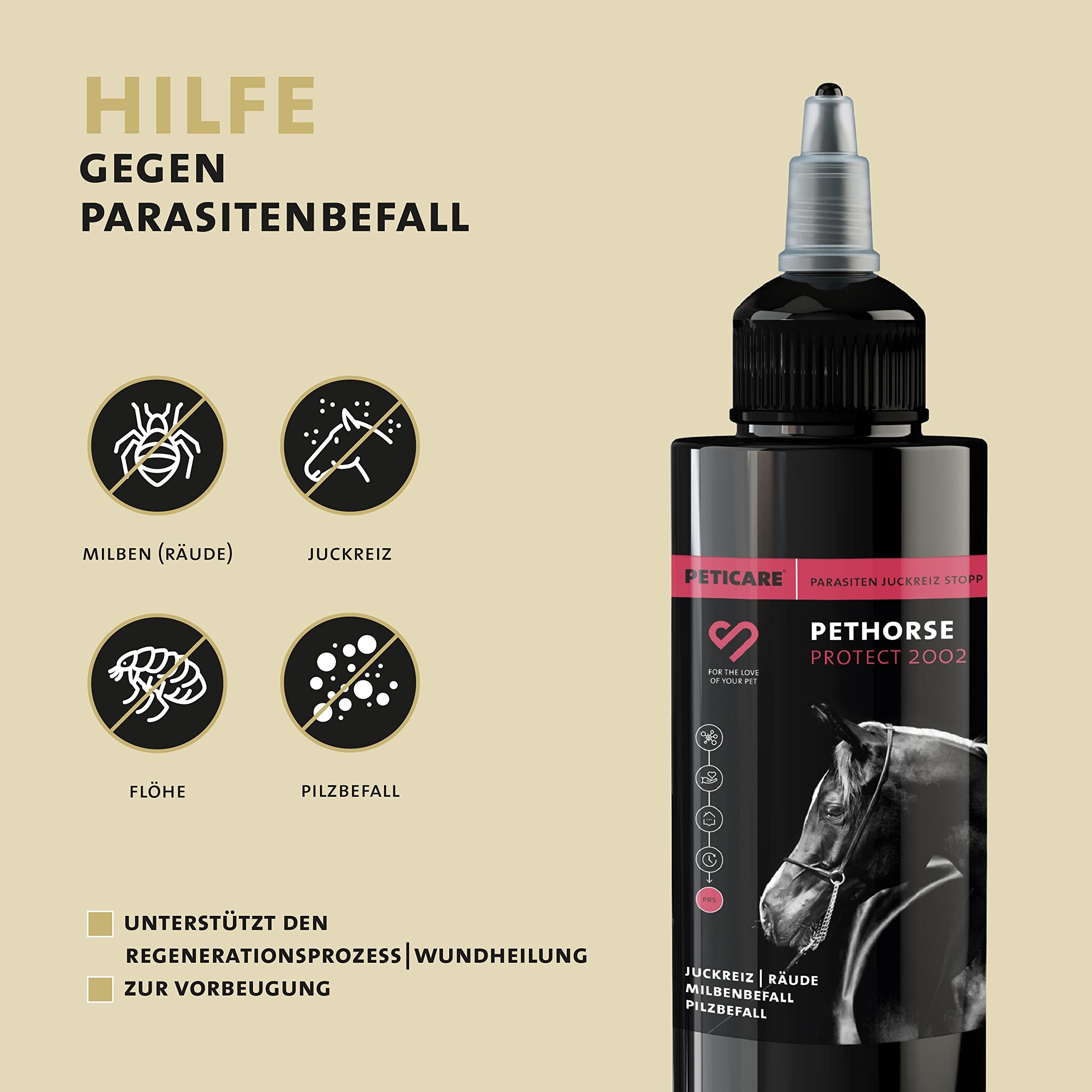 Peticare Anti-Parasiten Mittel für Pferde | gegen Milben Flöhe Pilze | lindert effektiv Juckreiz & unterstützt Regenerationsprozess, einzigartiges PRS® System für lange Wirkung – petHorse Protect 2002