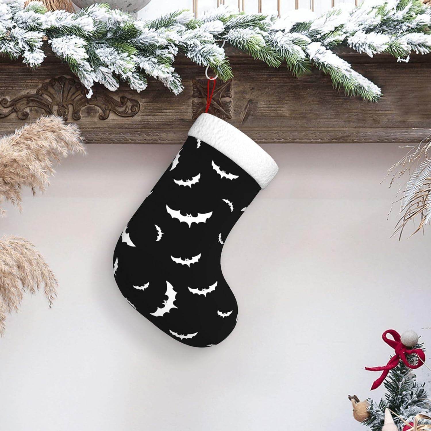 Mint Green Bat Silhouette Christmas Stocking with Plush Cuff
