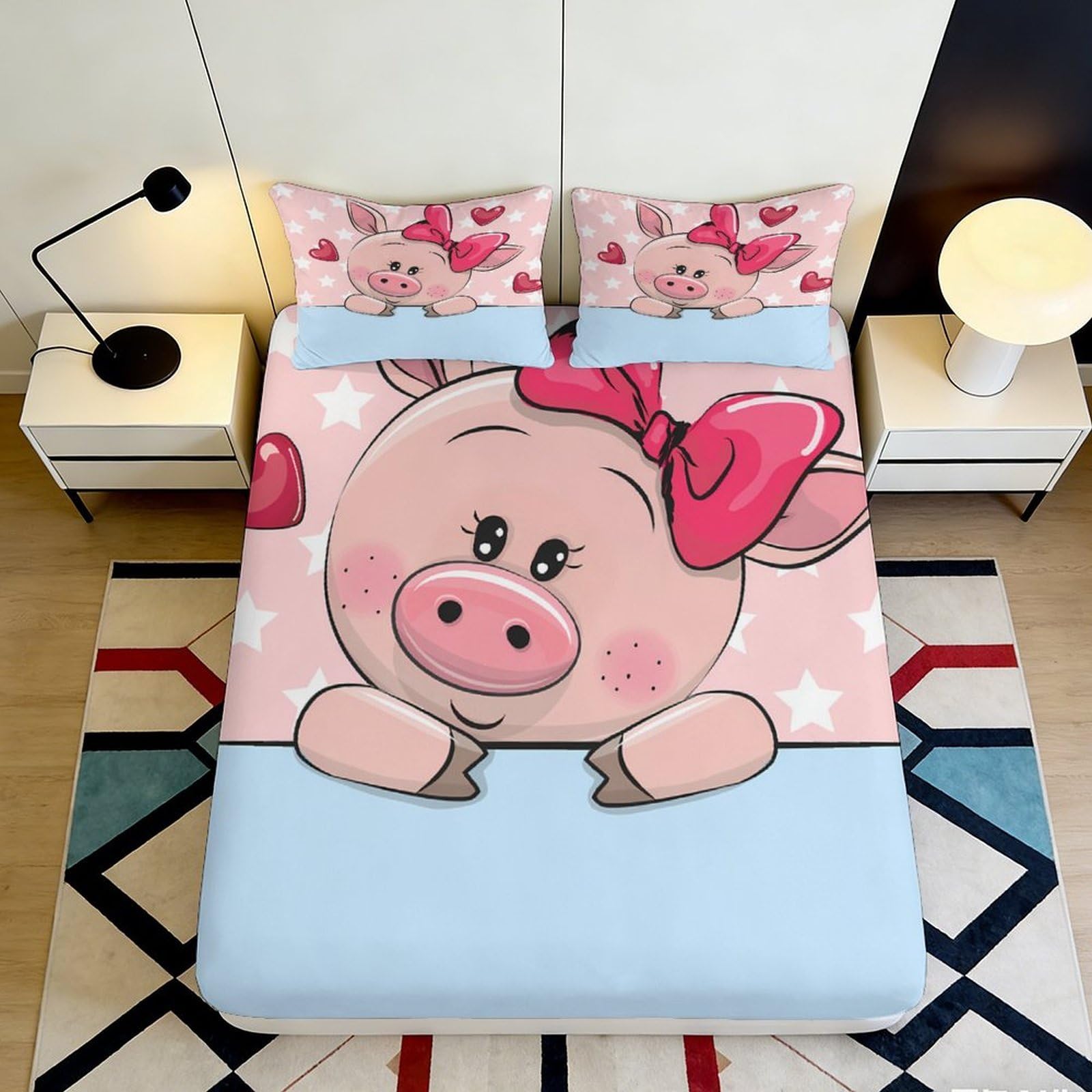 3D Printed Cartoon Pig Fitted Sheet Microfiber Soft Pink Bow Mattress Cover for Bedroom Guest Room Dorm Easy Care 140x200x25cm