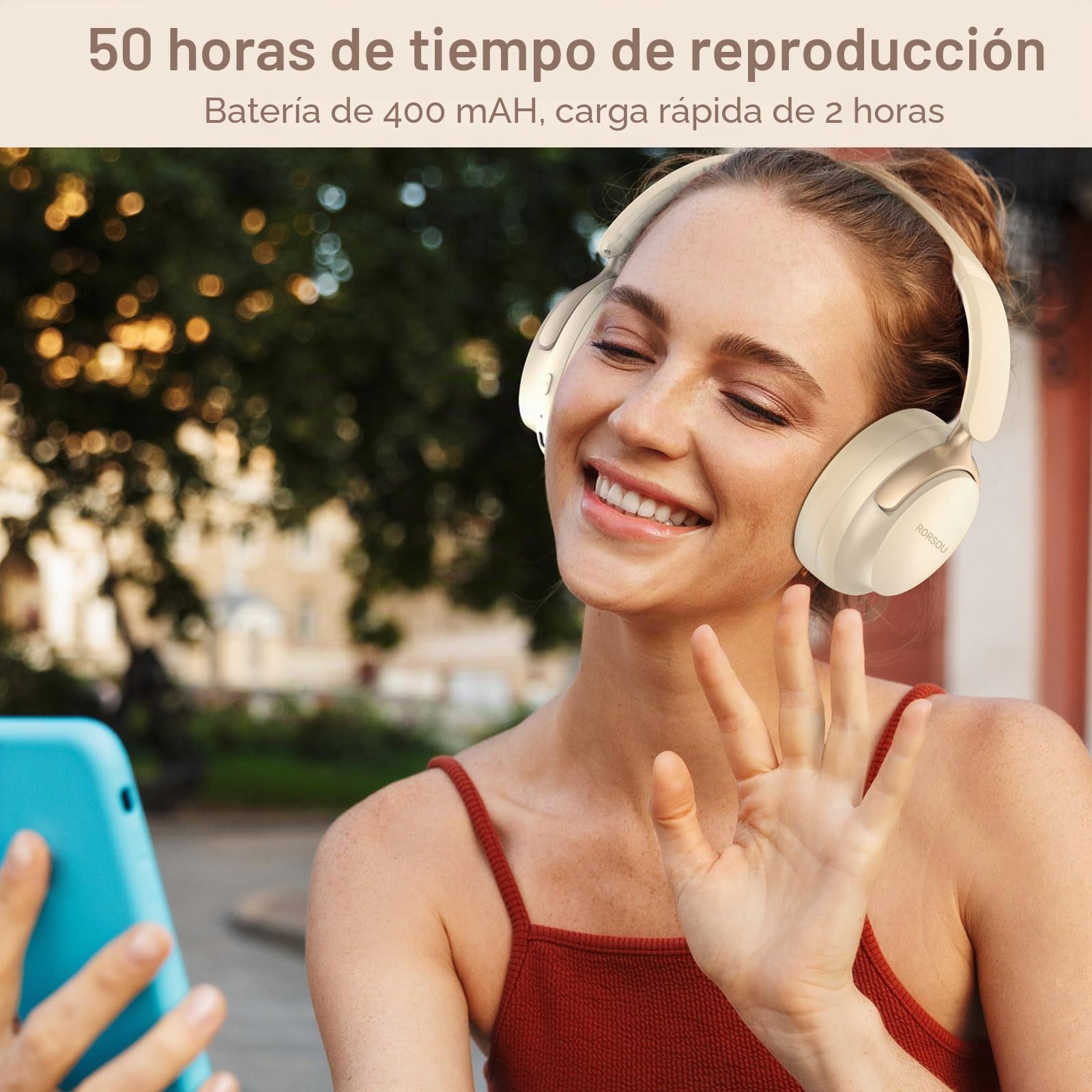 Auriculares Bluetooth RORSOU B8 de diadema, 6 modos de música EQ y 50 horas de reproducción, auriculares inalámbricos con micrófono y graves profundos, auriculares estéreo HiFi ligeros plegables Beige