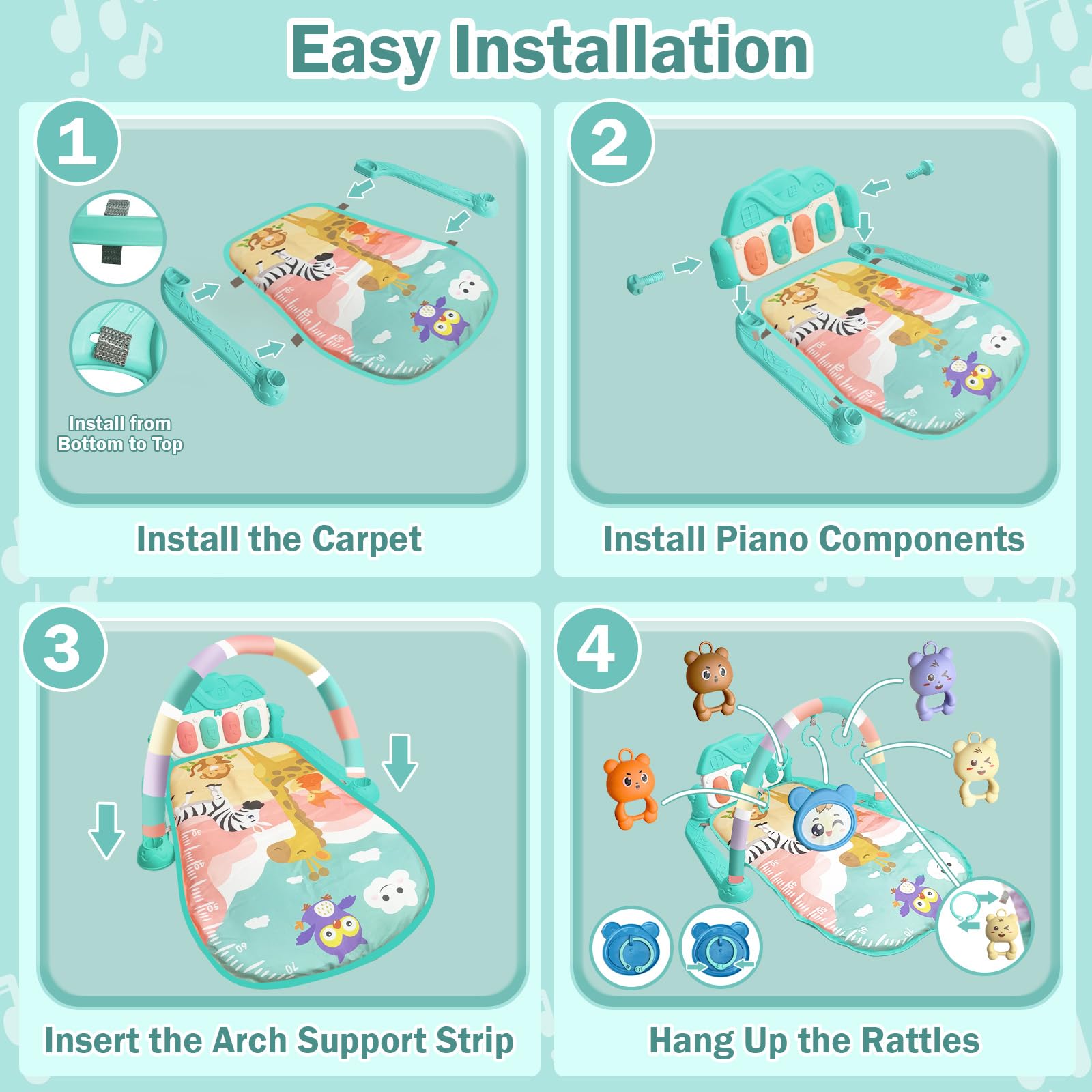 Tapis d'éveil Bébé 0-6 Mois avec Hochets et Musique de Piano, Tapis Sensoriel Motricité Vert