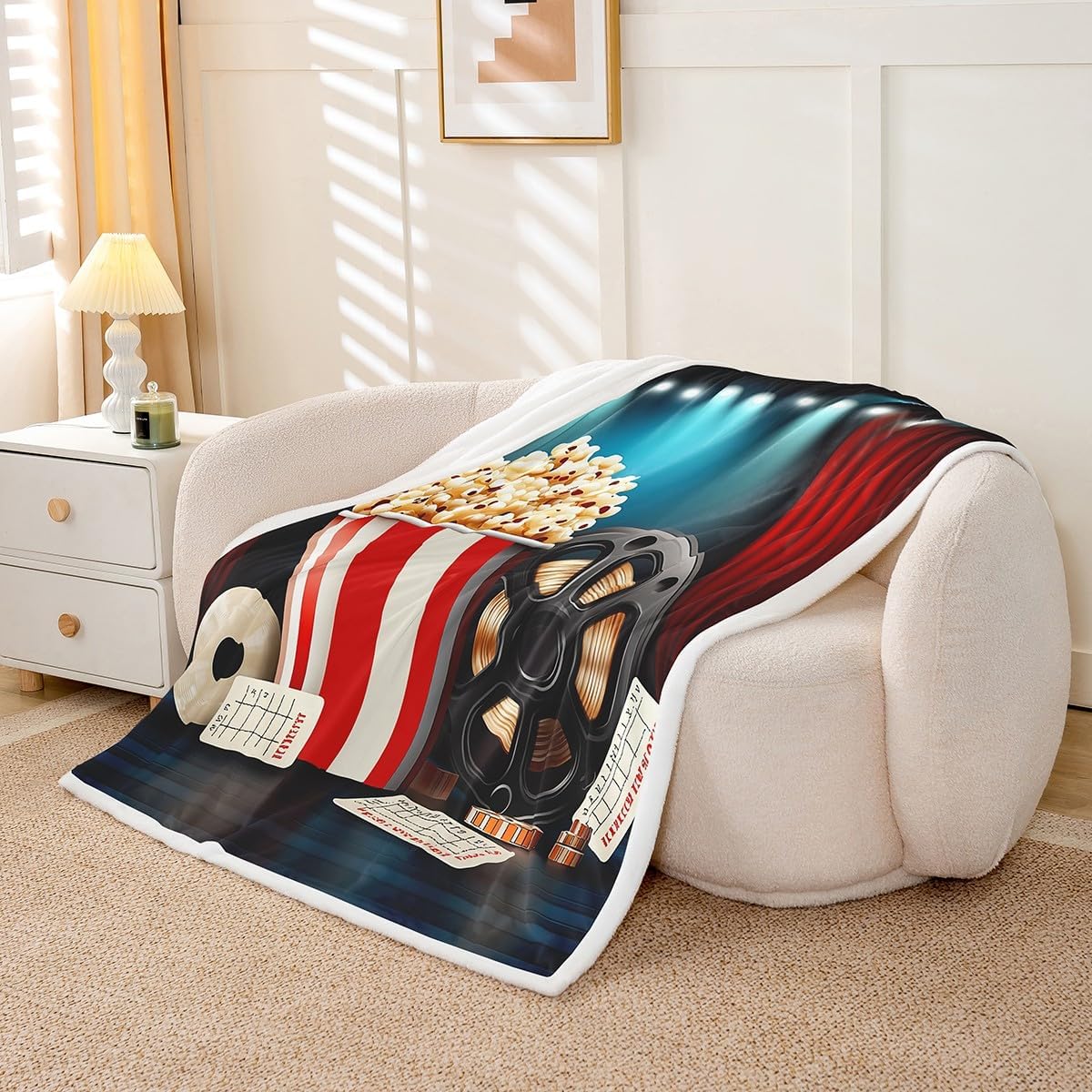 Movie Theater Bed Blanket Vintage Cinema Ticket Throw Blanket Lightweight Soft Cozy Luxury Popcorn Fleece Blanket Filmstrip Flannel Blanket for Sofa Bedroom Office Travel All Season(Twin 60"x80")