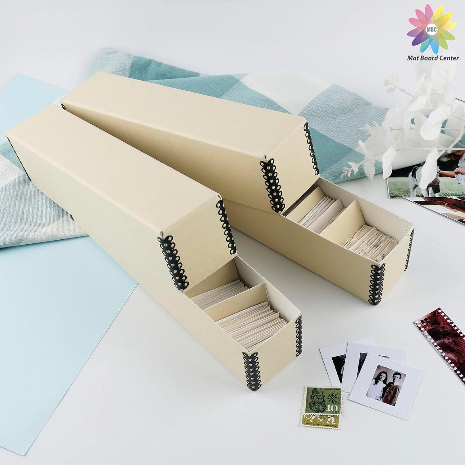 Mat Board Center, Archival Slide File Storage Case, Acid-Free Preservation Box for Storing Photos, Prints, Negative, Sturdy Organizer Holds Up to 140 Films- Tan-Pack of 2