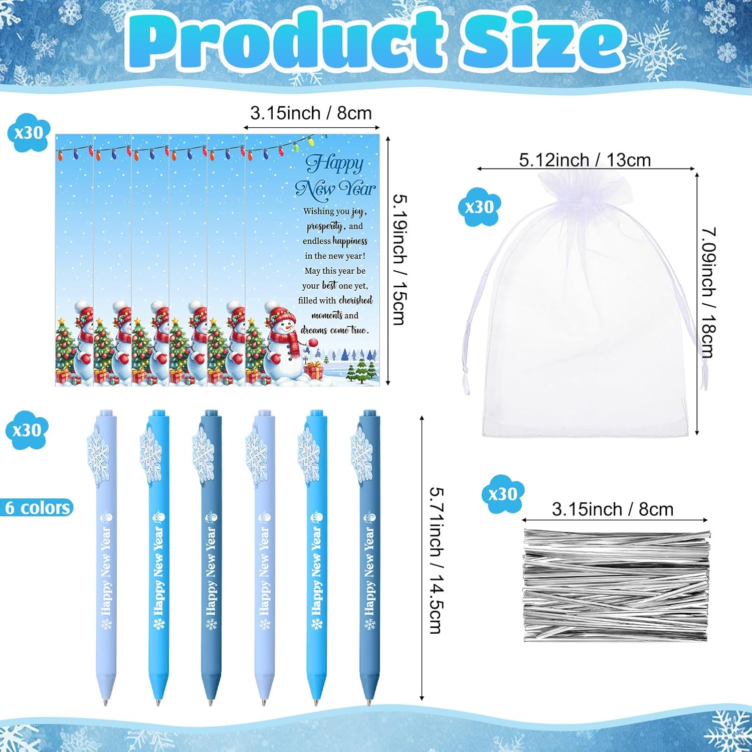Marspark 30 Set Winter New Year Gifts Bulk Christmas Ballpoint Pens and Greeting Cards Set with Bag Twist Ties for Employee Coworker Teacher Student School Office Home Party Favor