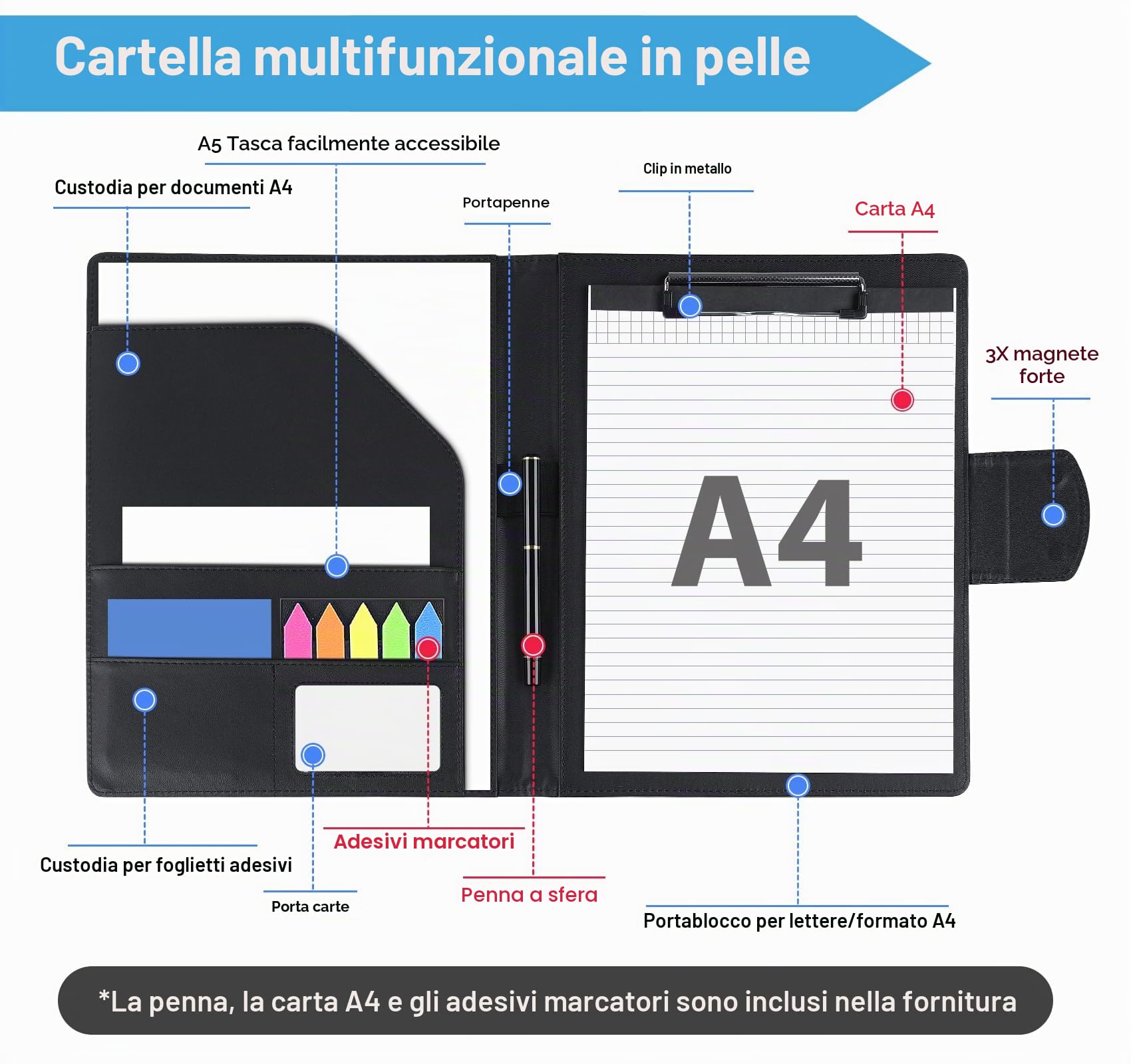 Agoer Cartellina Portadocumenti A4 in Pelle Portablocco Con Carta e Penna e Adesivi Indicizzati Pinza Cartella Porta Blocco Appunti (Nera)
