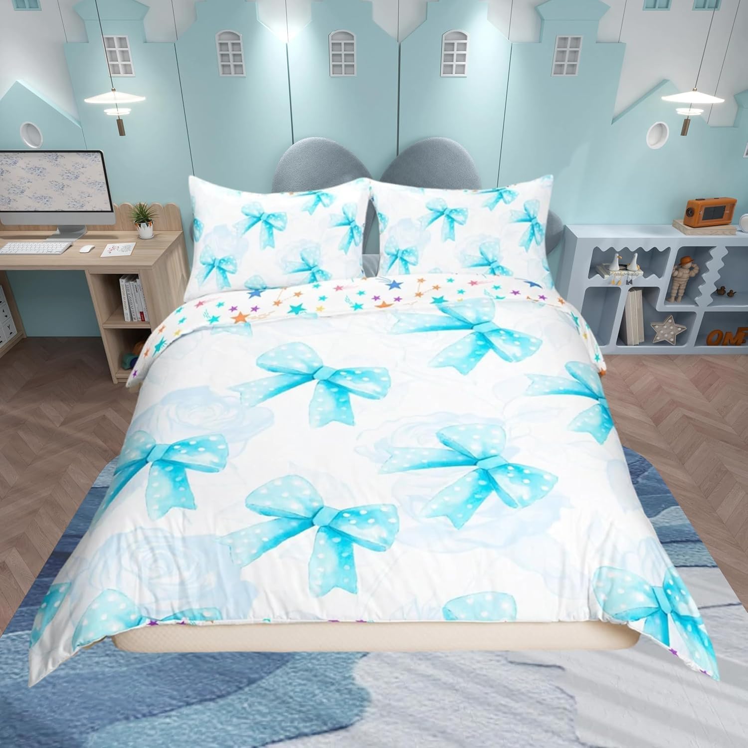Homemissing Light Blue Bowknot Duvet Cover Set Cot Size For Kids Girls Teens Bedroom Cute Coquette Bow Bedding Set Rose Bow Ribbon Comforter Cover with 1 Pillowcase
