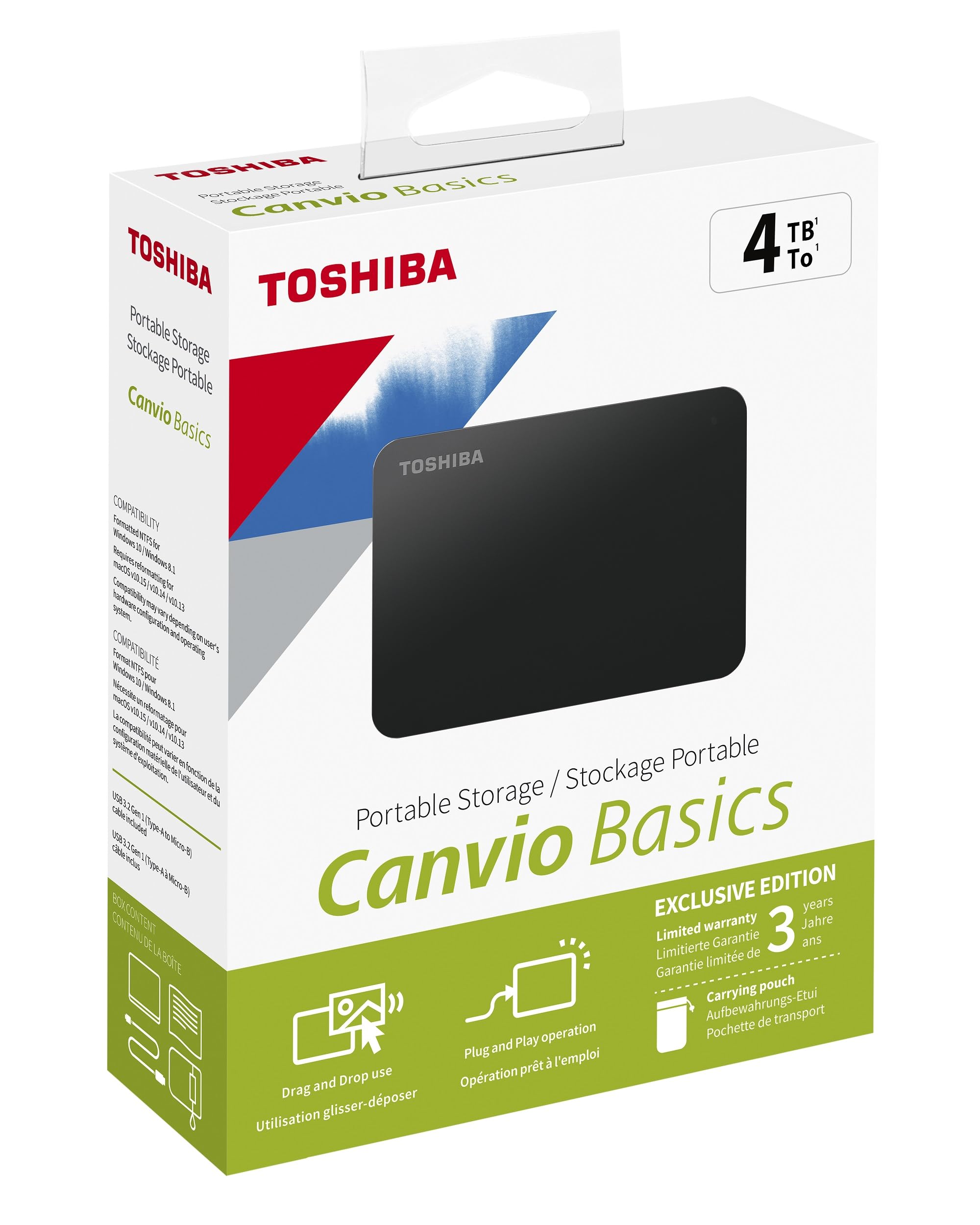 Toshiba Canvio Basics Exclusive 2.5" 4TB USB 3.2 Gen-1 (HDTB540MK3CA) Tragbare Externe Festplatte (mit Schutzhülle)