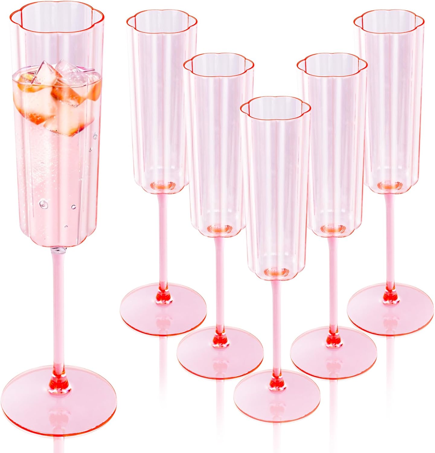 Ciaell 24-Pack Pink Plastic Champagne Flutes — 6 Oz Flower Wavy Champagne Glasses - Heavy Duty Vintage Disposable Glassware for Party Birthday Anniversary & Wedding & Easter