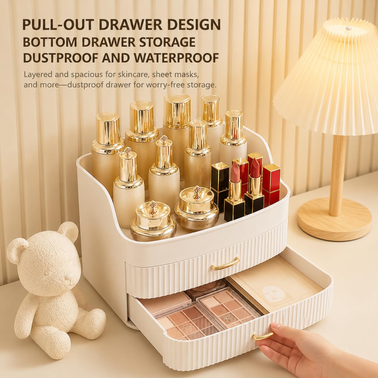 Organizador de maquillaje acrílico transparente con 2 cajones, caja de almacenamiento de cosméticos, 27 x 18,2 x 19 cm