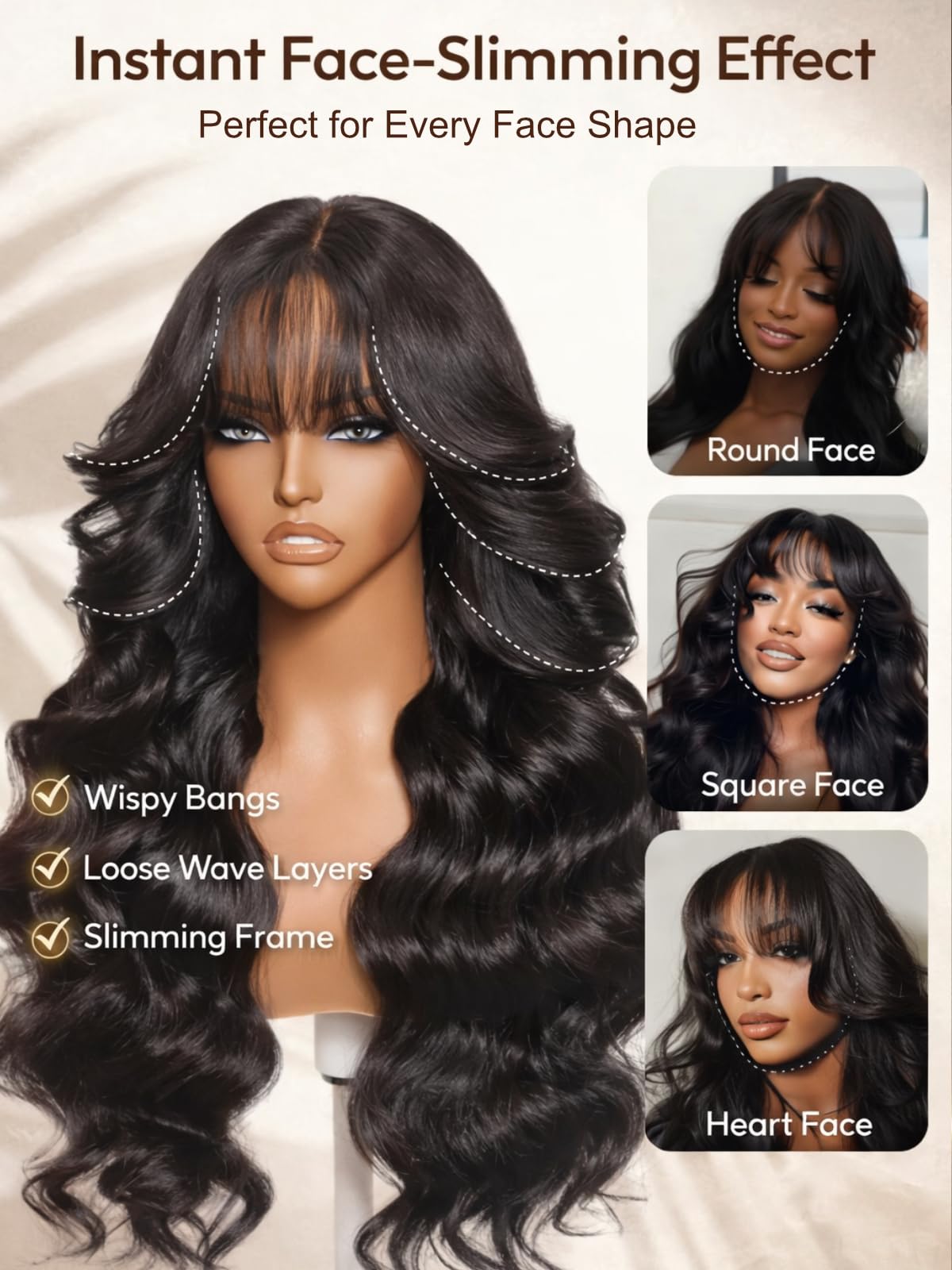 Glueless Body Wave Wig with Curtain Bangs 7x5 Lace Front 180% Density Amazon.com : UNICE Body Wave Human Hair Wig with Wispy Bangs  main image 2