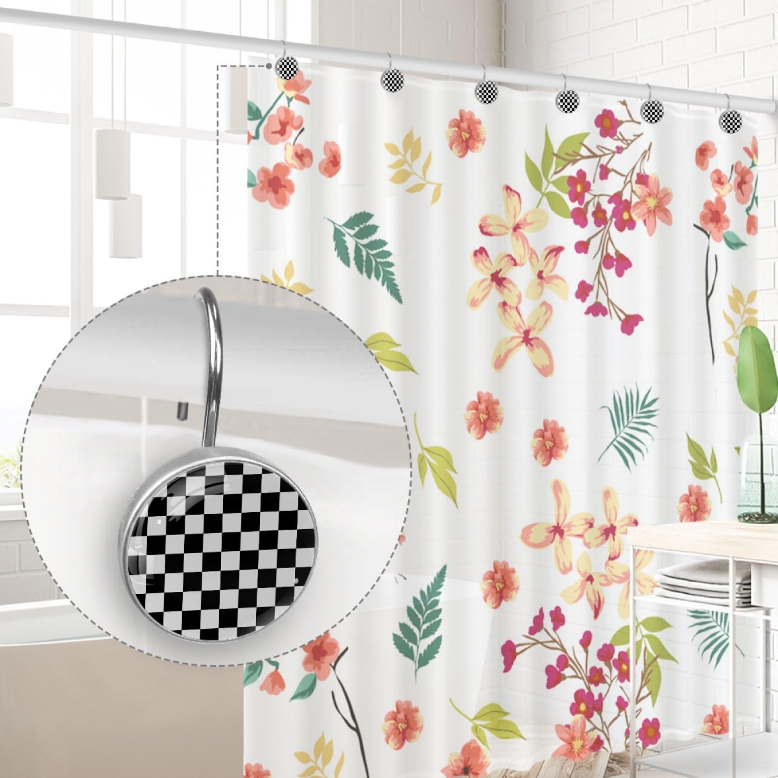 Buffalo Plaid Shower Curtain Hooks - Black & White Checkered, 12-Pack, Rustproof Resin & Stainless Steel - View #7
