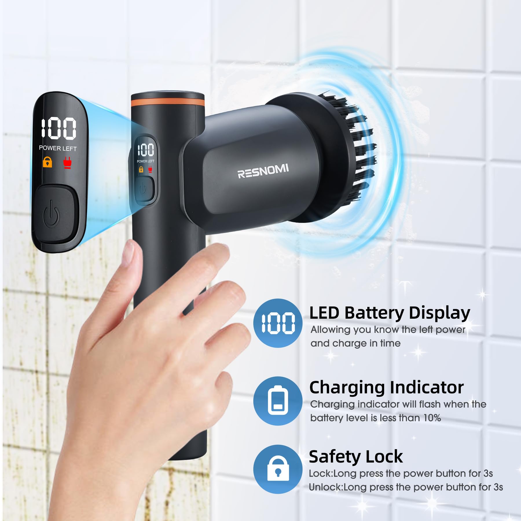 cepillo para polvo de limpieza inalámbrico con 6 cabezales reemplazables, 2 velocidades y tiempo de funcionamiento de 4 horas, IPX7, impermeable, depurador de ducha con visualización LCD, baño, cocina