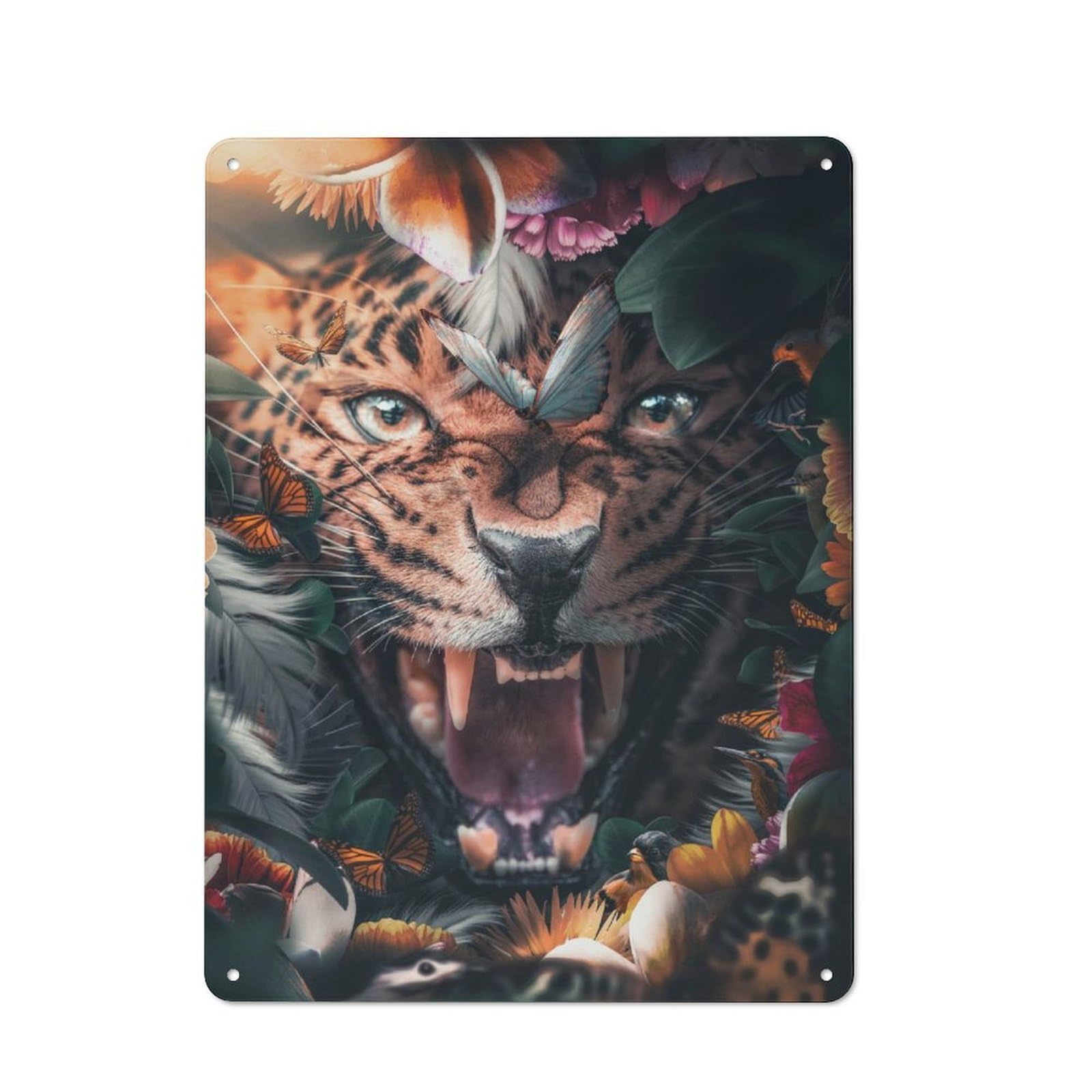 Junmoney Floral Leopard Retro Metal Sign 40X30cm, Distressed Look Retro Room Decor For Living Room, Hallway, Kitchen Or Cafe