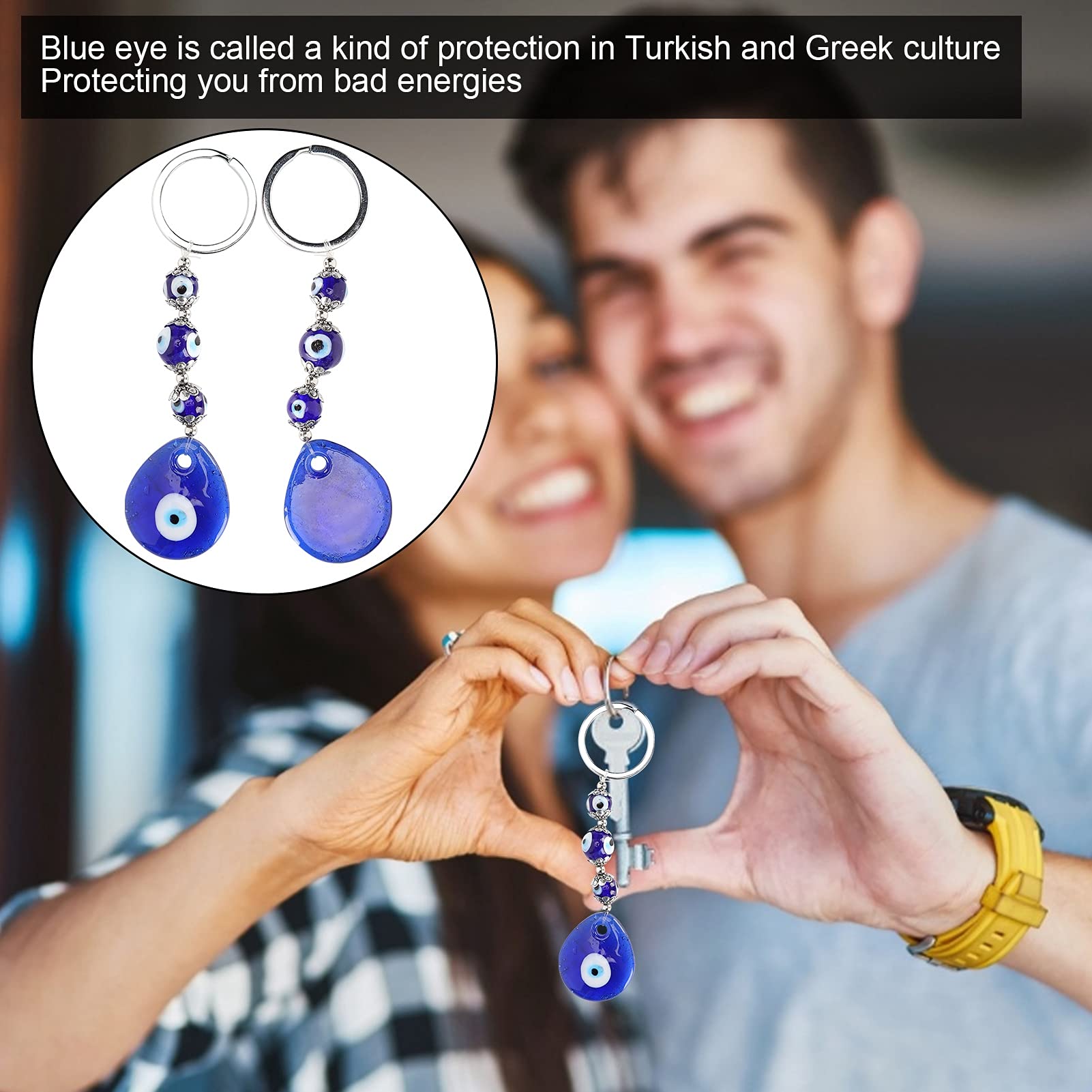Jiawu 2Pcs Evil Eye Keychains, Turkish Blue Evil Eye Charms Pendants Crafting Glass Beads Keychain with Keyring - Image 3