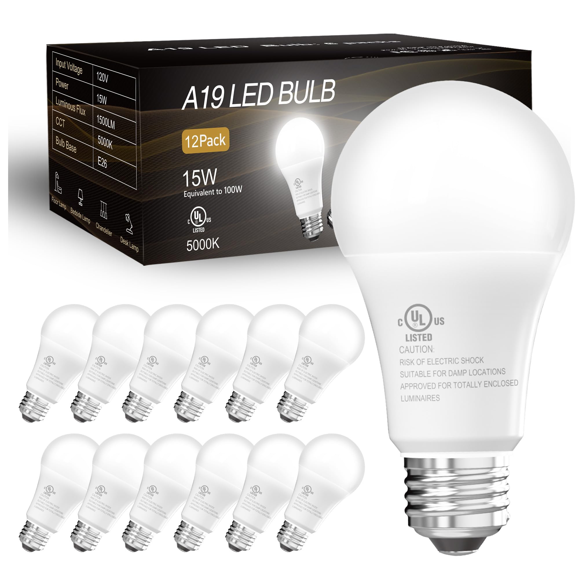 dalattin 12 Pack LED Bulbs Daylight White 5000K, 100 Watt