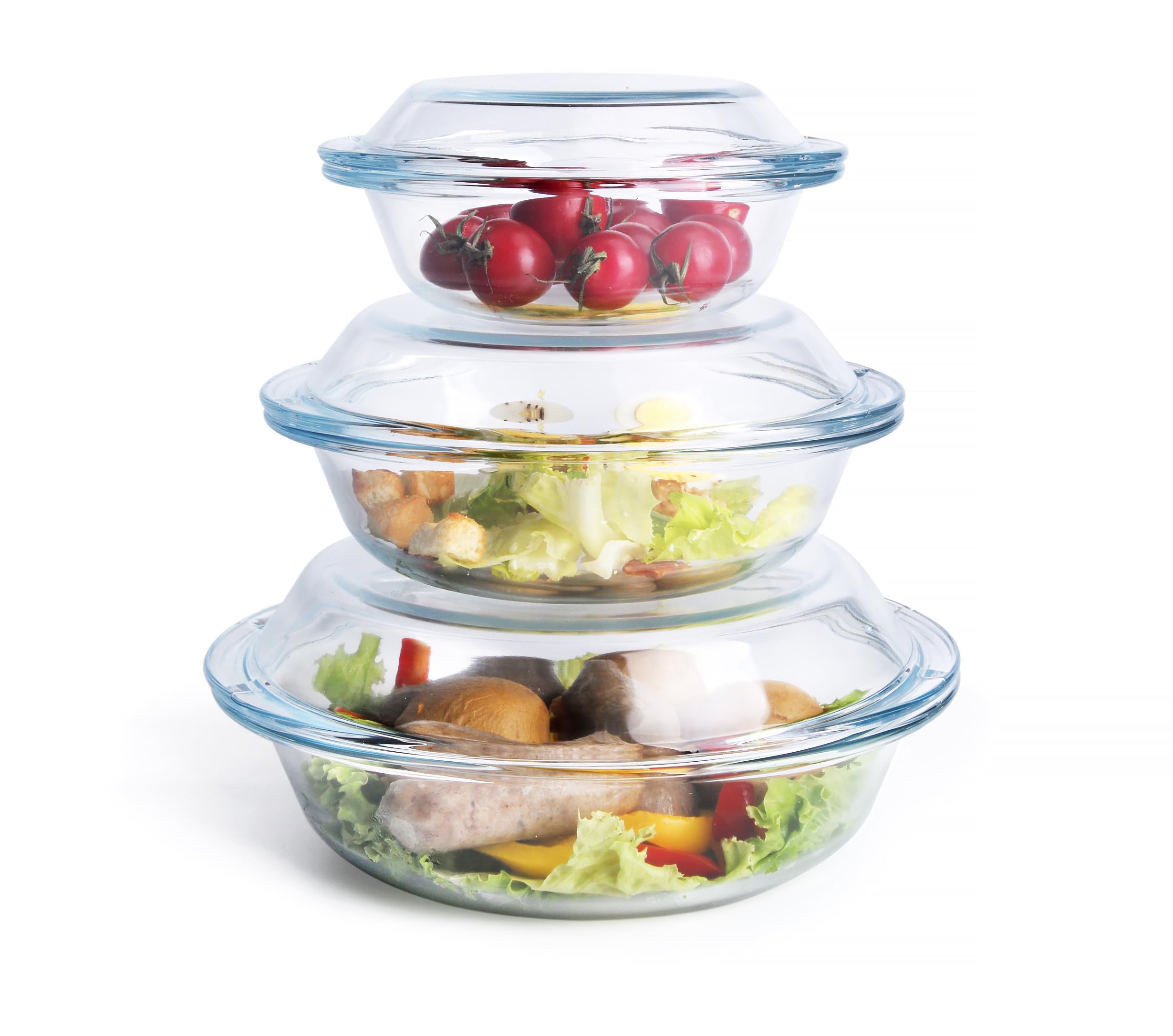Round Casserole Dish Made of Tempered Glass Set, Glass Baking Mould with Lid for Oven, Freezer and Dishwasher Safe (0.5 L + 1.0 L + 1.8 L)