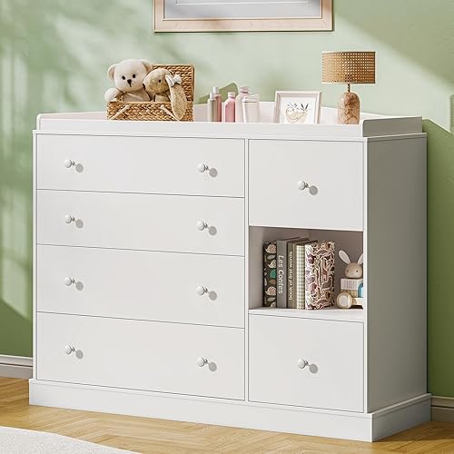 Kids Dresser Cabinet with 6 Drawers, Changing Table for Nursery with Shelf, Multi-Functional Chest of Drawers, Kids Bedroom Furniture, Nightstand for Children's Room, White