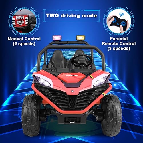 Miniatura 7 de OTTARO Camión de coche eléctrico UTV de 24 V 4WD 10 AH de 2 plazas para niños con marco de metal, control remoto, Bluetooth, rojo