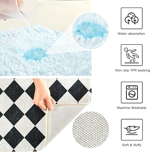 Miniatura 5 de Tapetes de baño de rejilla cuadrada en blanco y negro para piso de baño, ultra suave, absorción de alfombras de baño, antideslizantes, lavables