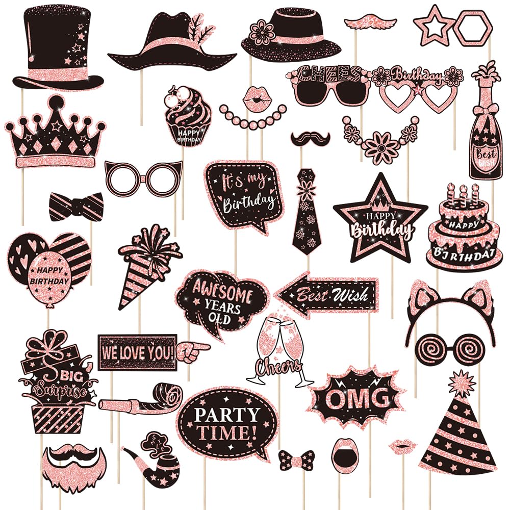 Photo Booth Props Set, 38 Pieces Party Props Selfie Photobooth Accessories Selfie Prop Birthday Decorations Birthday Party Suppiles DIY for Prom Graduation Festival Wedding (Pink)