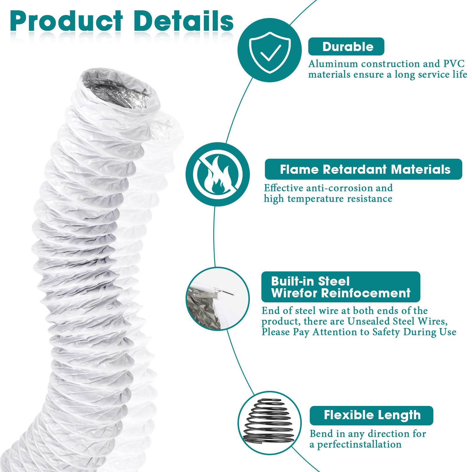 Abluftschlauch Ø150mm Alu Flexrohr Länge 3M PVC Alurohr Lüftungsschlauch Schlauch mit 2 Schlauchschelle Edelstahl für Klimaanlagen, Rohrventilator, Wäschetrockner (150mm)