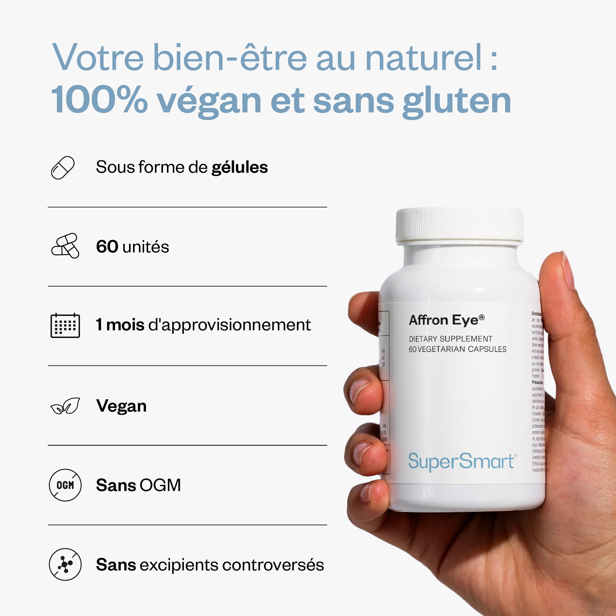 Affron Eye® - Renforce la Santé Oculaire - Contribue à Améliorer la Sensibilité de la Rétine et l'Acuité Visuelle - Aide à Combattre la Photo-Oxydation - Vegan - Sans Gluten - Supersmart