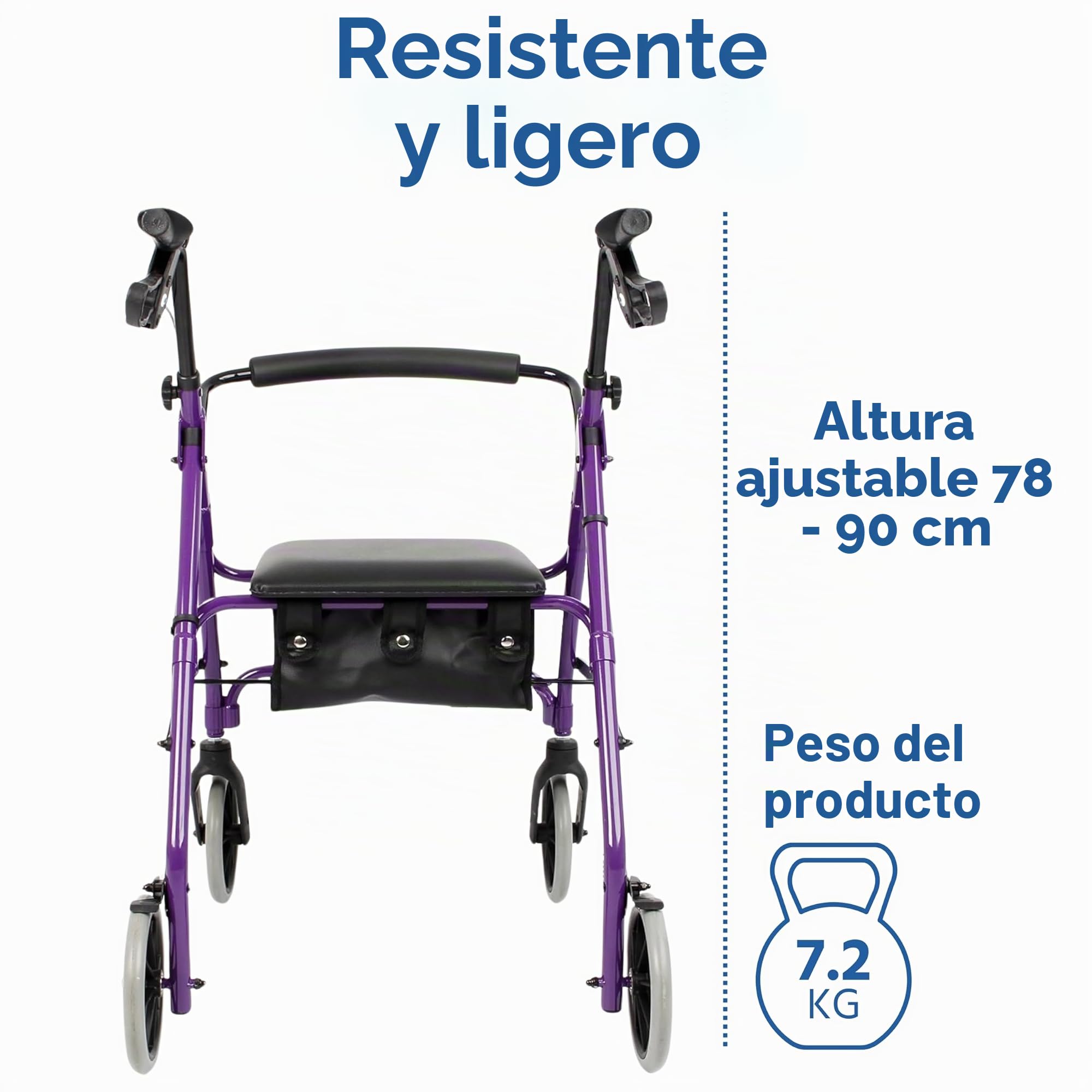 Days Andador de Cuatro Ruedas Ligero y Plegable con Asiento Acolchado, Frenos de Bloqueo, Mangos Ergonómicos y Bolsa de Transporte, Ayudas A la Movilidad, Mediano, Azul